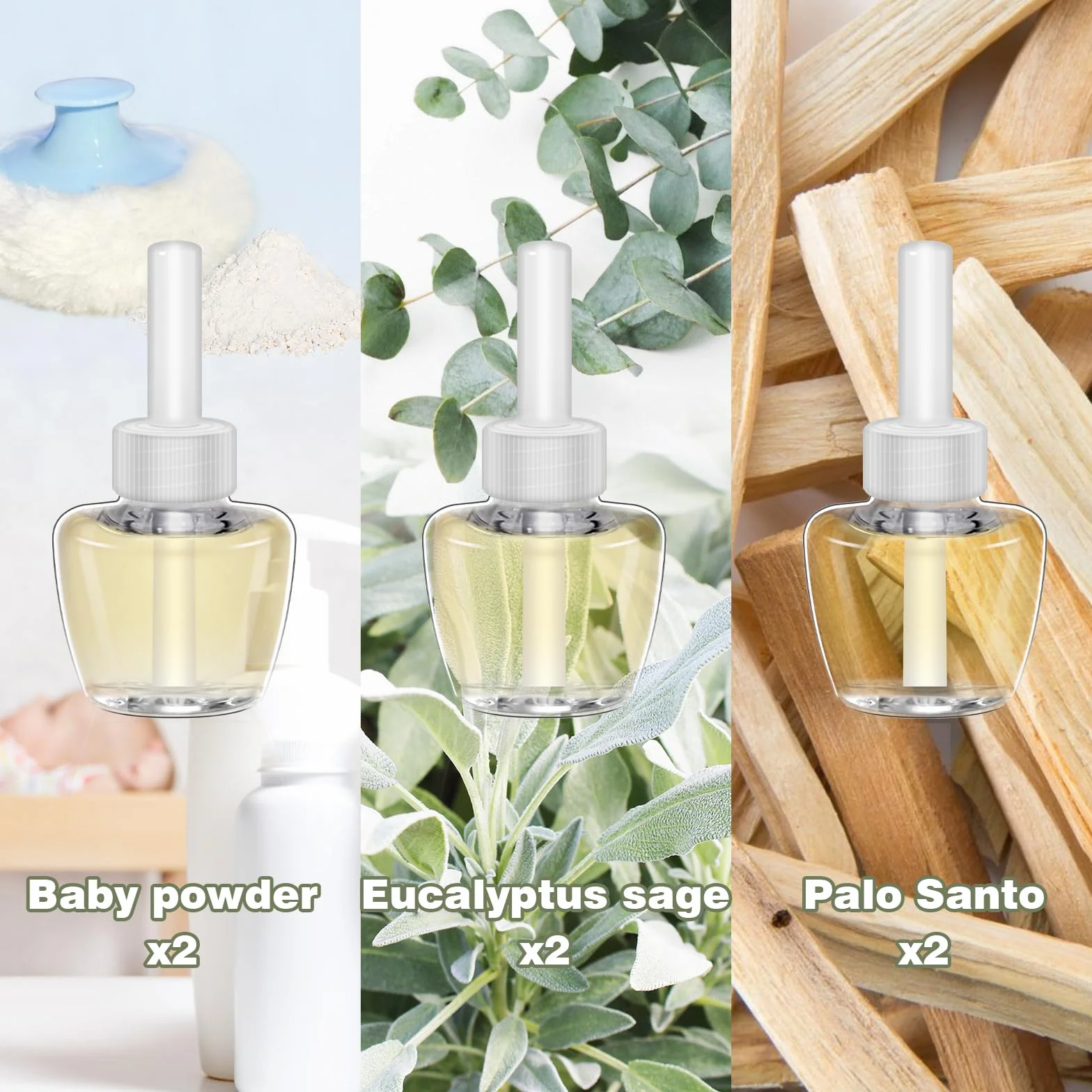 SCENTORINI wkład do buteleczki z olejkiem zapachowym, kompatybilny z Air Wick i Glade, 6 x 19 ML, zapach Palo Santo, Eukaliptus Salvia, pudrowy zapach, odświeżacz powietrza, olejek do wnętrz