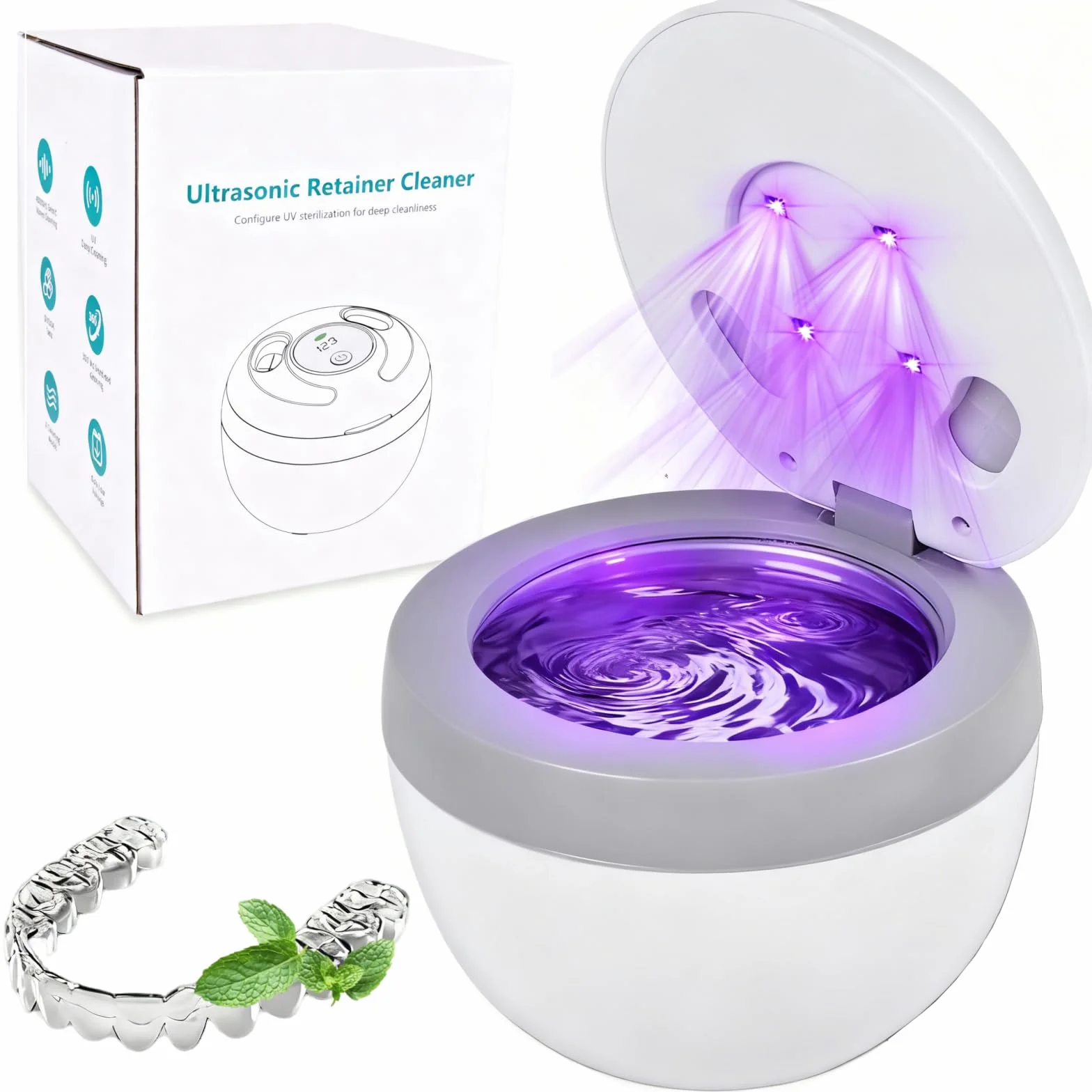 Urządzenie do czyszczenia ultradźwiękowego Retainer Cleaner, TechKen 45khz dentalna maszyna czyszcząca z światłem UV, przenośny czyścik ultradźwiękowy do protez, alignerów, ochraniacz na usta, główki