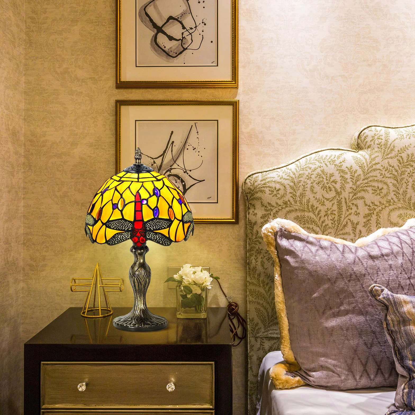Tiffany lampa stołowa w stylu vintage, ręcznie wykonana, witrażowa, abażur, lampy stołowe, do sypialni, na stolik nocny, do gabinetu, biura (pomarańczowa libelka)