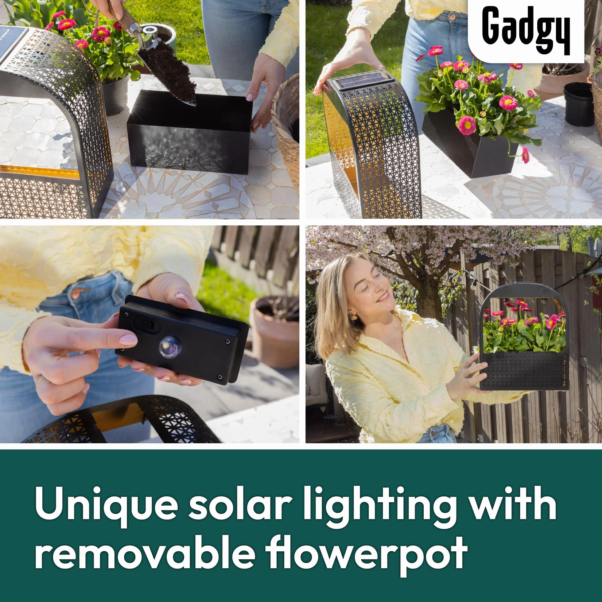 Gadgy Solarna lampa ścienna z doniczką – wazon ścienny, ciepłe, białe światło, dekoracja ścienna, balkon, kwietnik z oświetleniem, odporne na warunki atmosferyczne, oświetlenie ogrodowe, tarasy