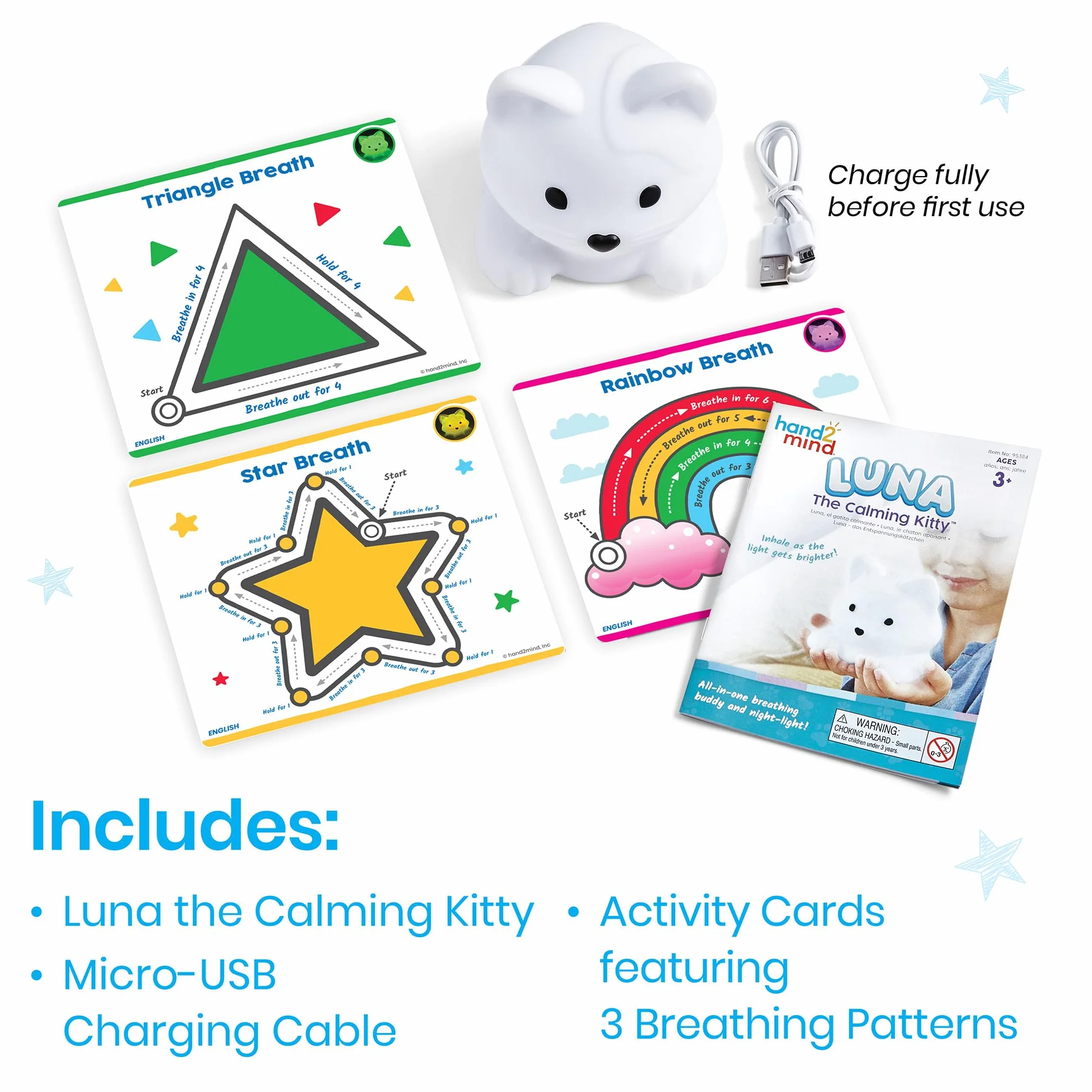 Learning Resources Kotek Luna The Calming Kitty, Nauka głębokiego oddychania, Lampka nocna w kształcie zwierzątka z możliwością ładowania, Łagodzenie lęku u dzieci, Uważność dla dzieci, 3+