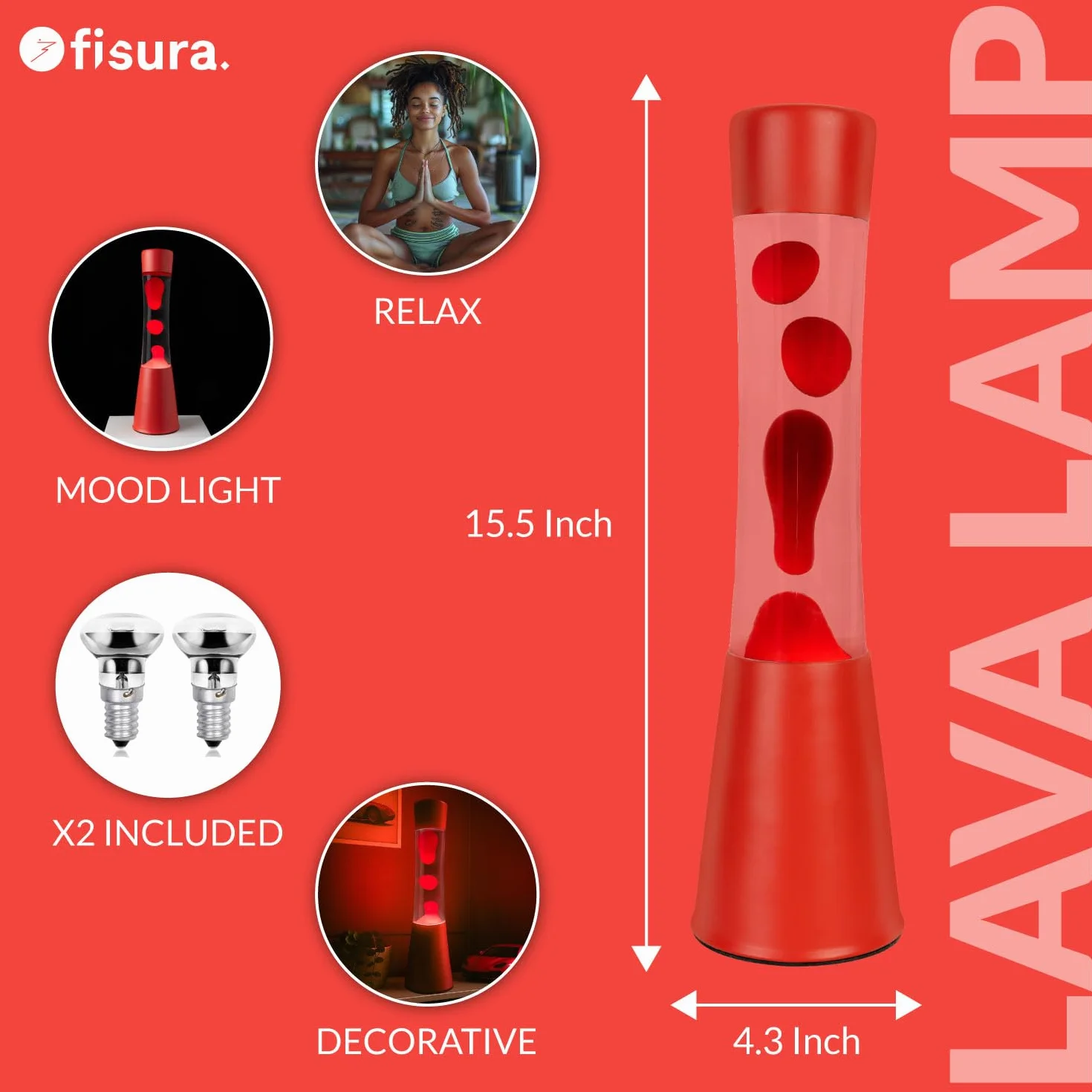 Fisura – Lampa z lawą czerwona. Podstawa i lawa w kolorze czerwonym z przezroczystym płynem. Lampa relaksacyjna z zapasową żarówką. 11 cm x 11 cm x 39,5 cm.