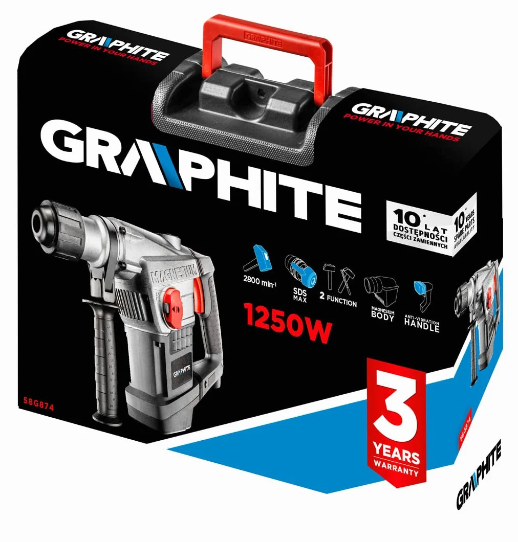 GRAPHITE Młot udarowy SDS Max 1250W, walizka; przewód 4m; 7,3 kg; energia udaru 10J; max. średnica wiercenia w betonie 40 mm; antypoślizgowa rękojeść; osłona przeciwpyłowa, wiertło do betonu