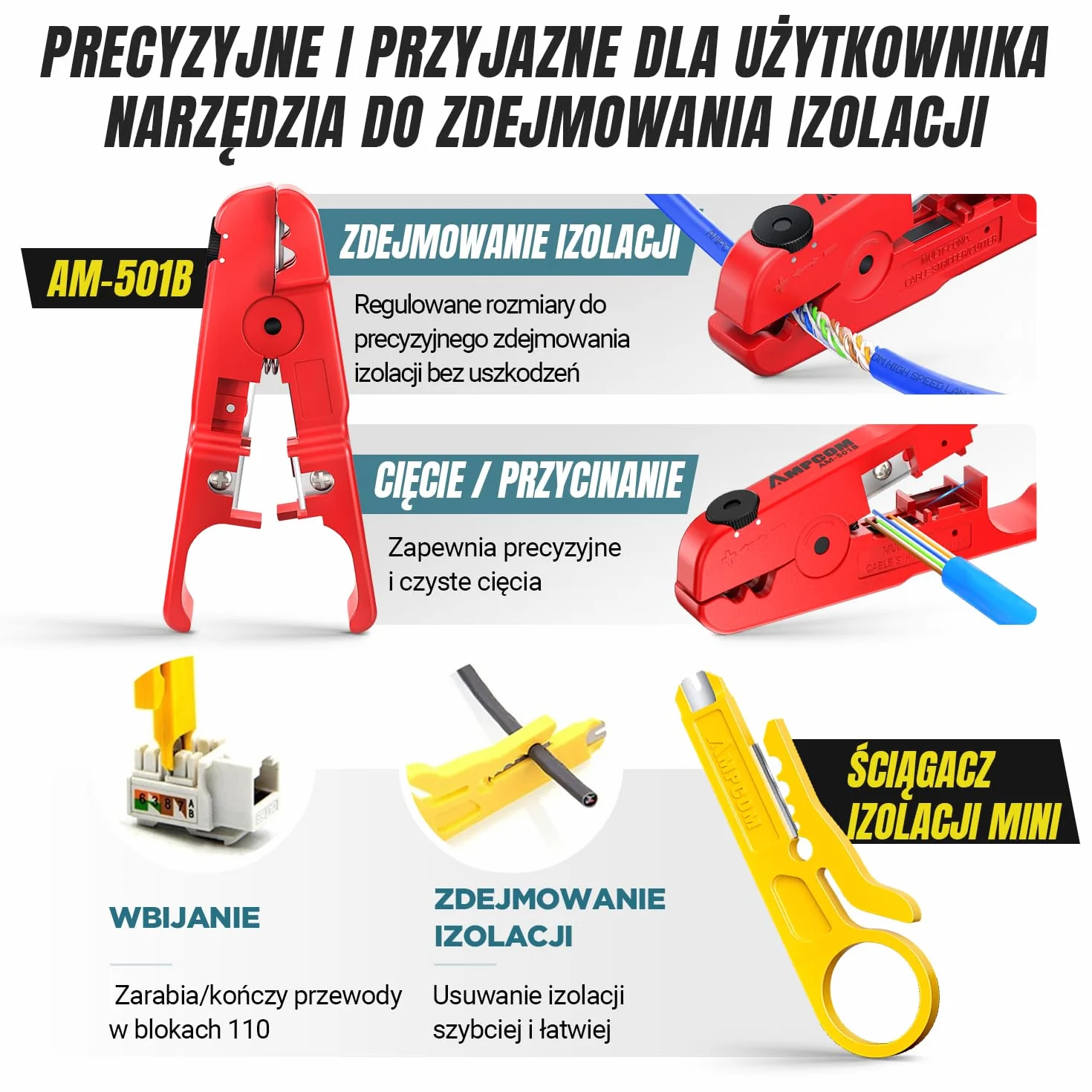 AMPCOM Zestaw narzędzi do zaciskania Ethernet 10 w 1, zestaw sieciowy RJ45/RJ11 z testerem RJ45 do złączy Cat6/5e, zawiera 110 narzędzi do dziurkowania i ściągacza przewodów