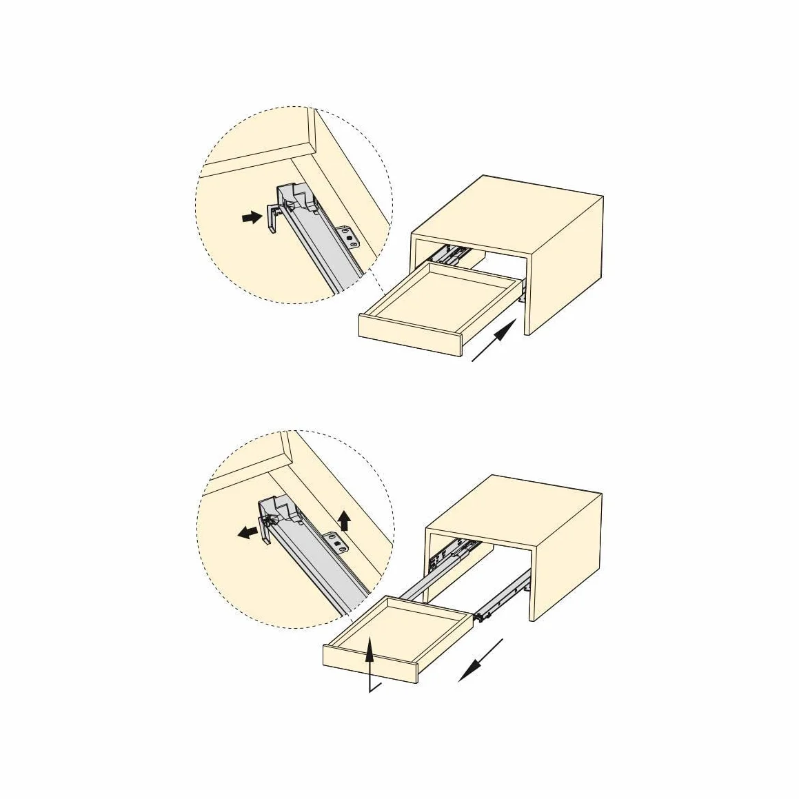 Szuflady do szuflad z pełnym wysuwem kulkowym i funkcją Push To Open, długość 400 mm, wysokość prowadnic, z pełnym wysuwem i systemem Soft Close do 30 kg, stal do montażu na szufladach