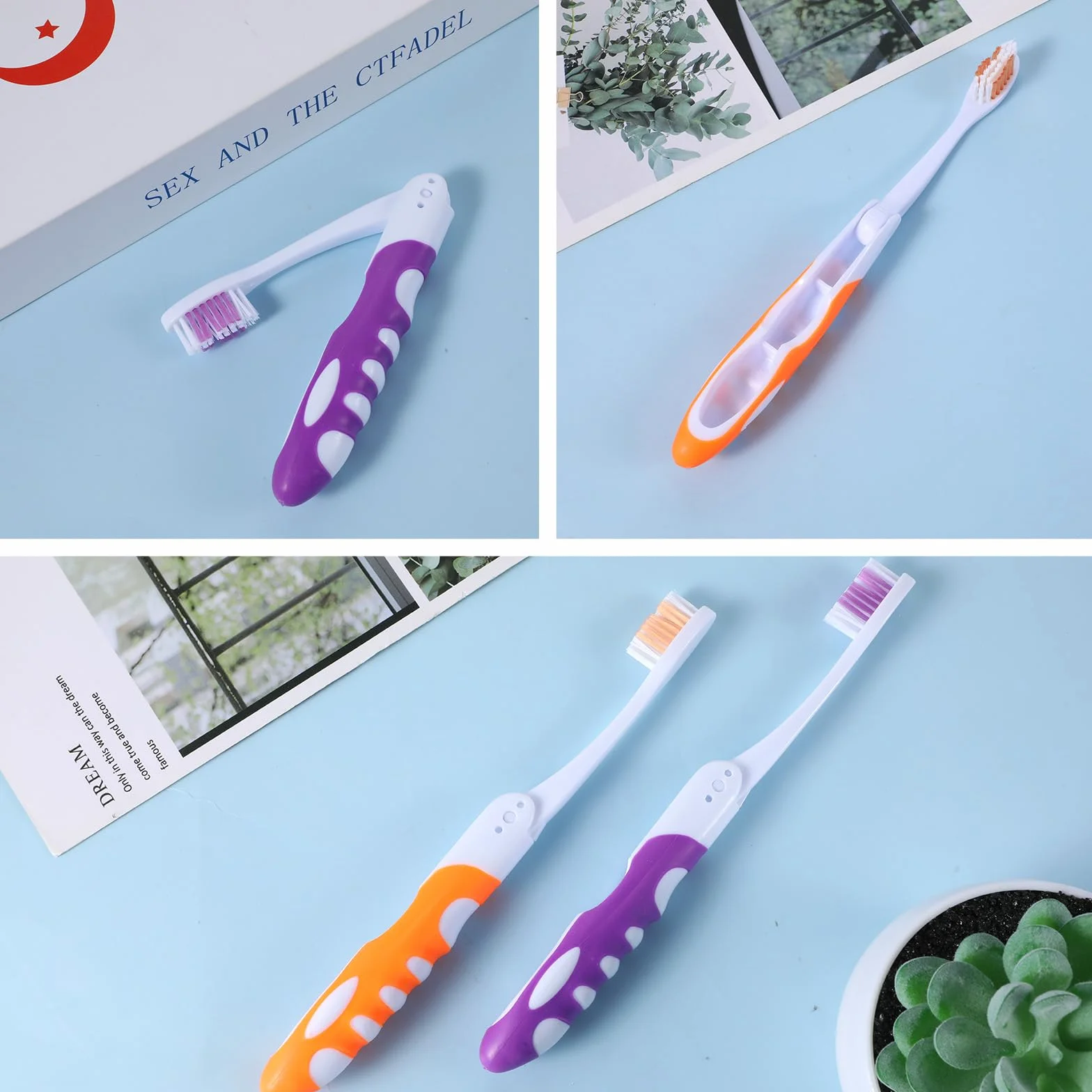 Zestaw 2 podróżnych szczoteczek do zębów, miękkie, składane, mini szczoteczki do zębów na podróż, kemping, wędrówki (pomarańczowe i fioletowe)
