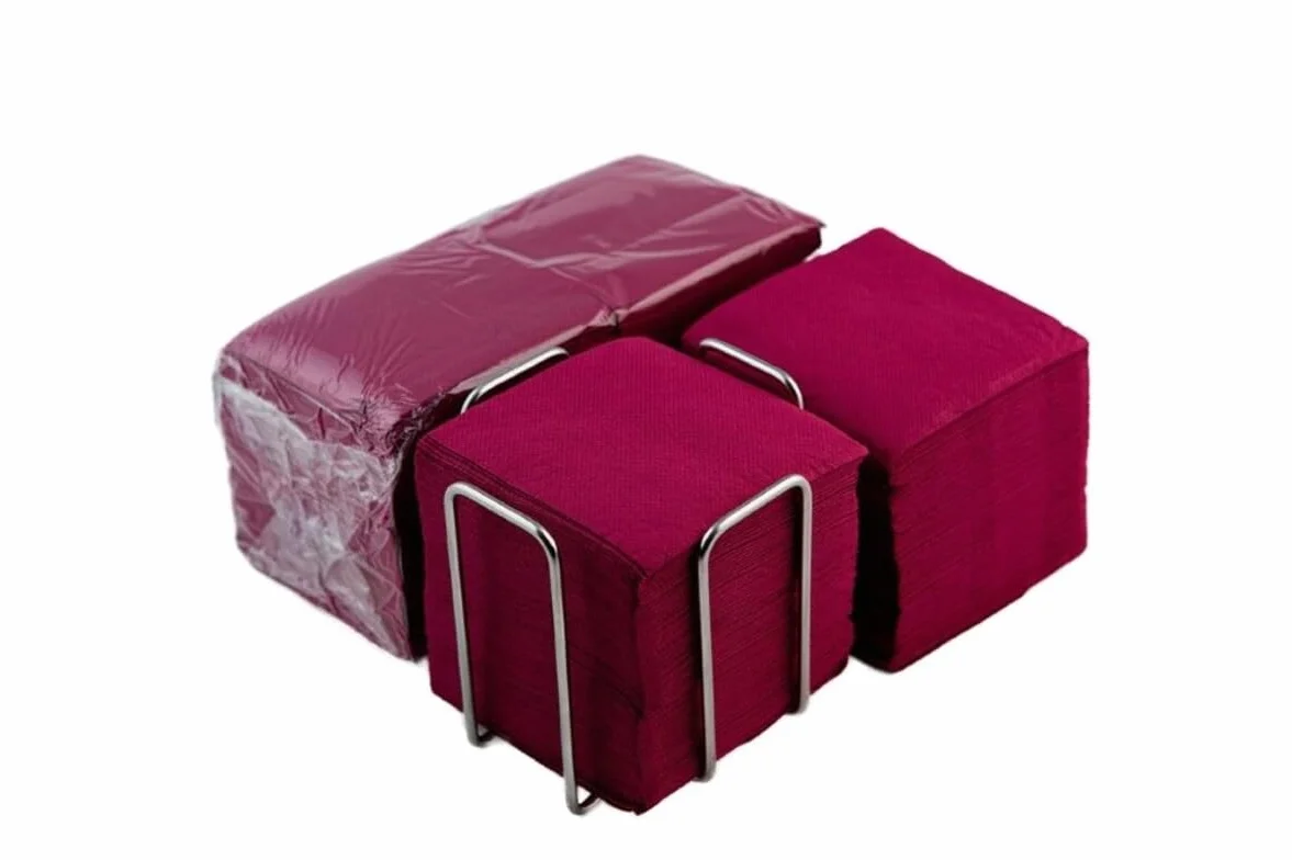 Opakowanie 300 serwetek koktajlowych z papieru bordowego + serwetka na serwetki ze stali nierdzewnej - tekstura mikro-kropki - grubsza i chłonna - 10 x 10 cm po złożeniu - Hostelnovo