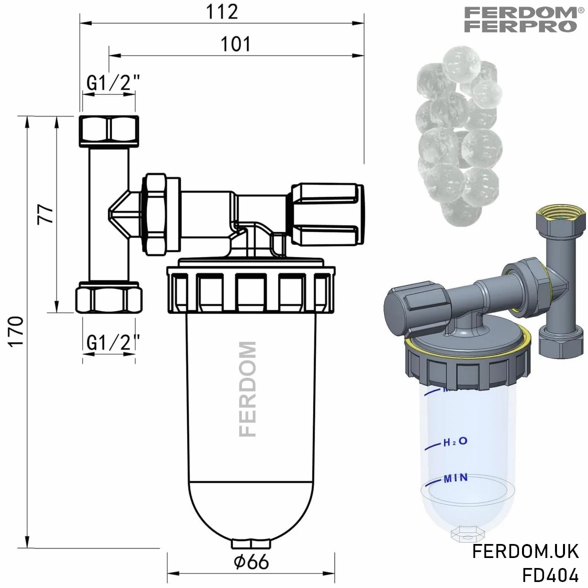 FERDOM FD404 Antyskalowy i Antykorozyjny Proporcjonalny Dozownik/Podajnik do Wody Sieciowej. Zawór i By-Pass. Mosiężna Głowica, Niebieska Obudowa SAN. Przyłącza Obrotowe 1/2". Z Wkładami do 30m3 wody.