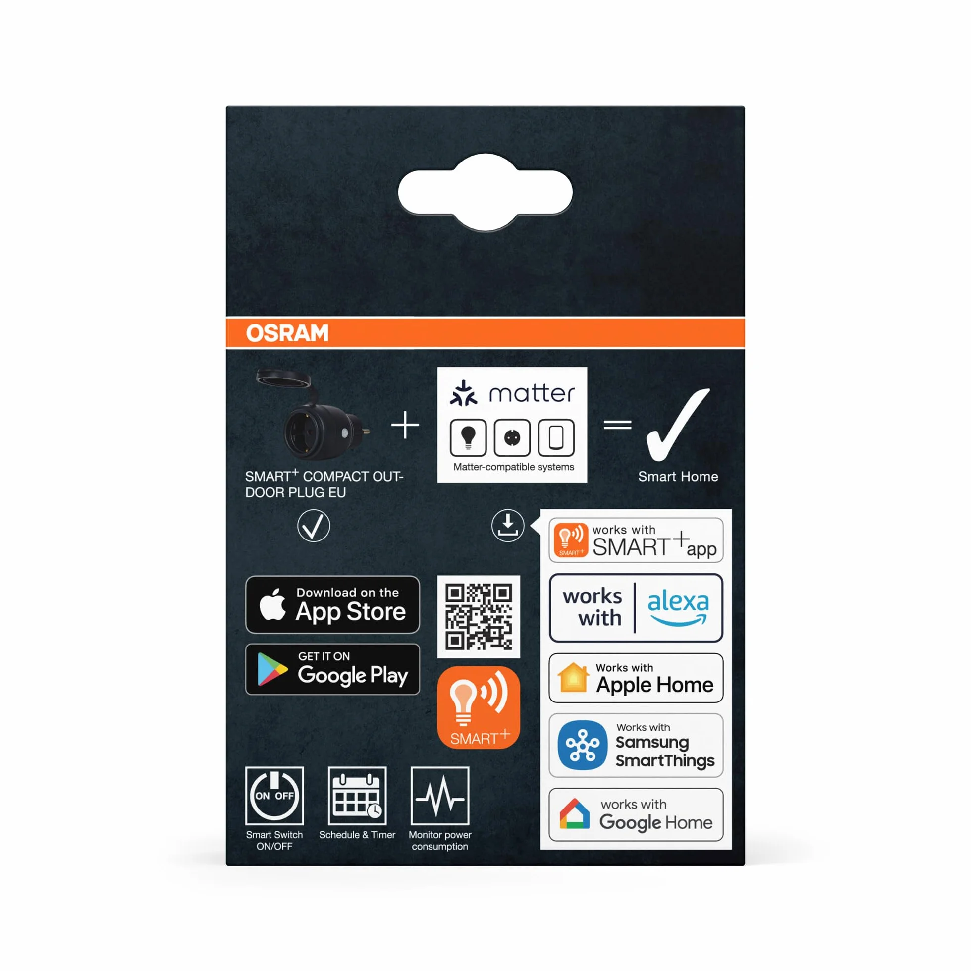 OSRAM Gniazdo zewnętrzne EU SMART+ MATTER, gniazdo zewnętrzne z kontrolą zużycia energii w kolorze czarnym wykonane z PP, stopień ochrony IP44, integracja urządzeń z inteligentnym domem