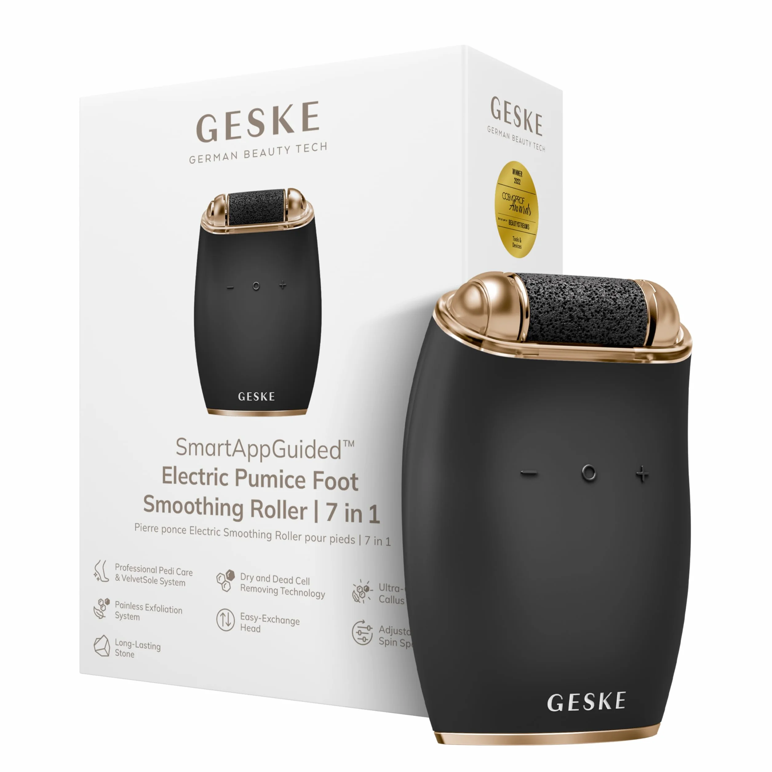 GESKE Electric Pumice Foot Smoothing Roller | 7 in 1 | Elektryczny pilnik do stóp i eksfoliator | Trwały pumeks | Dla gładkich stóp | Zaawansowane usuwanie zrogowaceń | Idealny do zestawu pedicure
