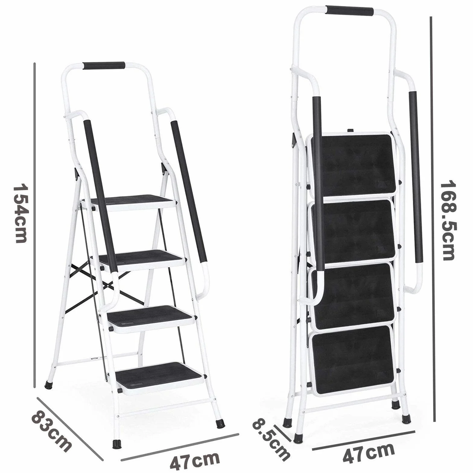 Komfortowa drabina ze stali, 4 stopnie z poręczą, wysoki uchwyt zabezpieczający, nóżki z podeszwami Soft-Grip, obciążenie do 150 kg, certyfikat TÜV Süd
