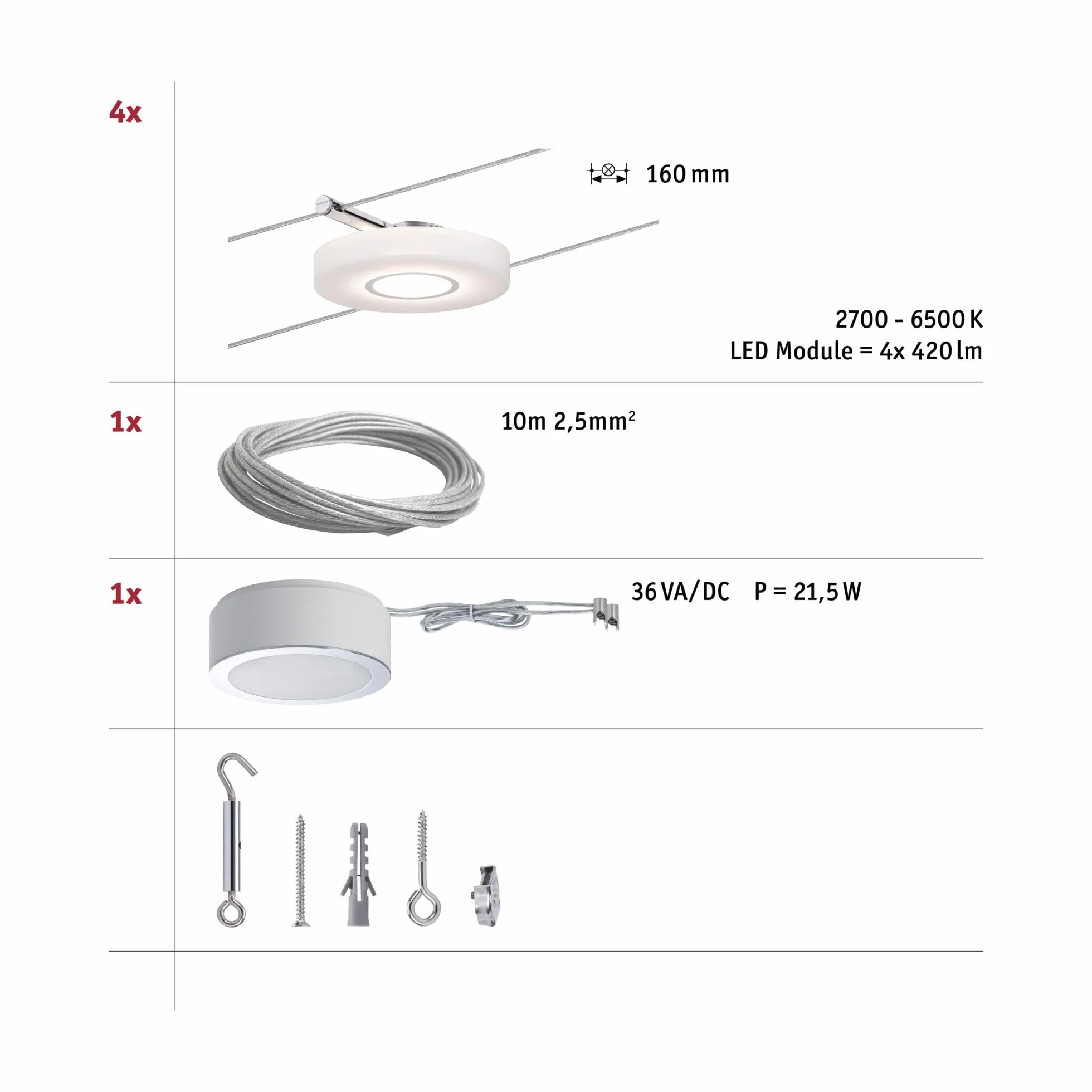 Paulmann 50109 System Linowy Discled 1 Zestaw Smart Home Rozszerzalny Światło Dzienne Biały 4X4W Satynowy Ściemnialny Regulowany Biały Kabel Led,Satynowy,1000 X 13 X 1 Cm, 16.0 Watts