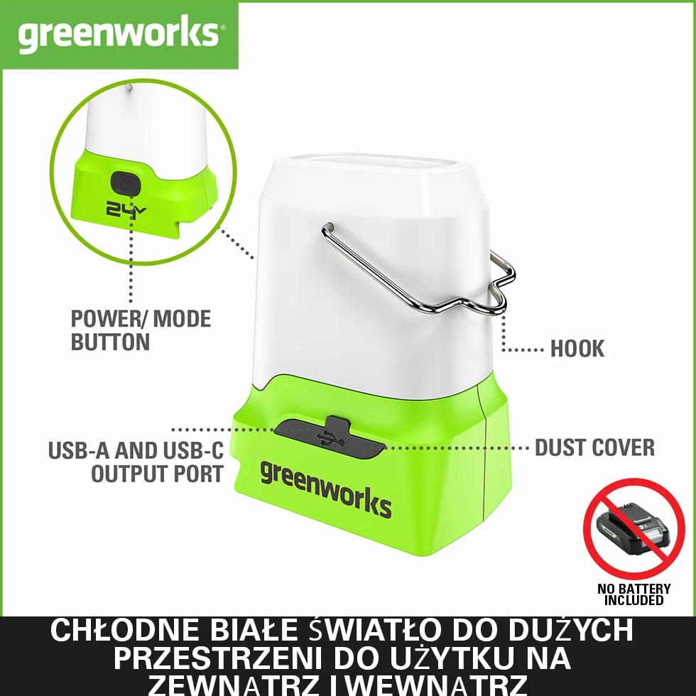 Greenworks G24LA500 Akumulatorowa Latarnia i Lampa Kempingowa z Hakiem do Zawieszania, 500 Lumenów, 3 Ustawienia Jasności, Gniazda USB i Typu C BEZ Akumulatora 24V i Ładowarki, 3 Lata Gwarancji