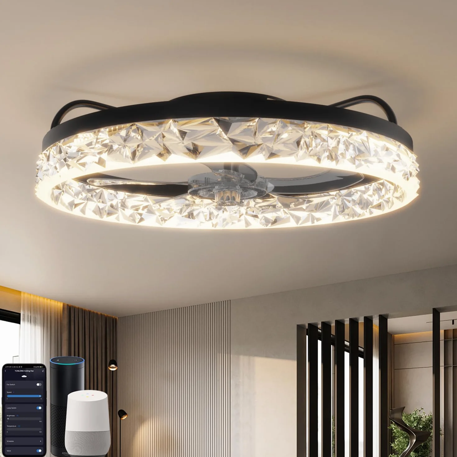 Inteligentna lampa sufitowa z wentylatorem WiFi, kompatybilna z Alexą i Google, possibility of dimming, 5 odwracalnych łopatek, czarna