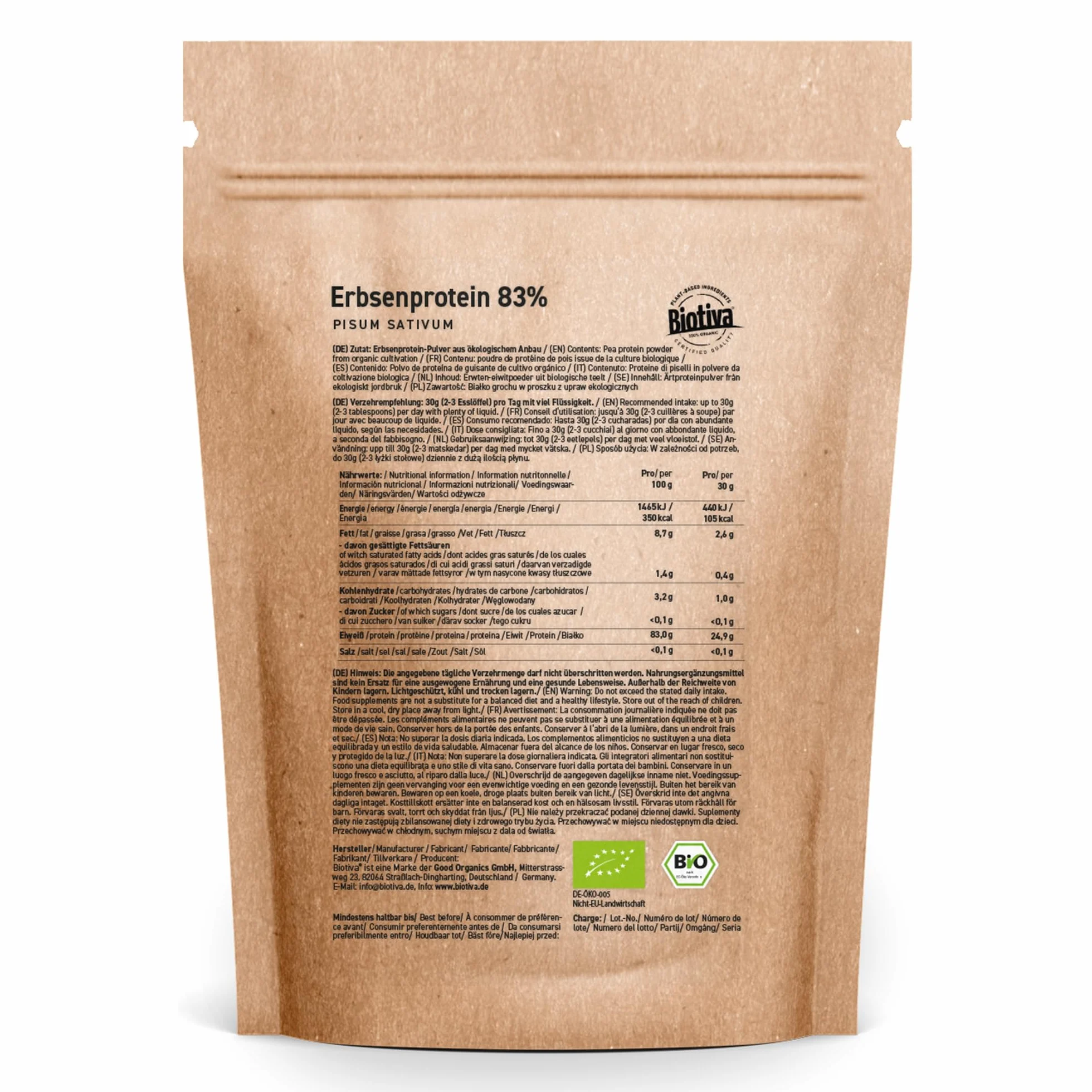 Biotiva Proszek z białka grochu Bio 1kg 83% białka izolat bezglutenowy bez soi bez laktozy