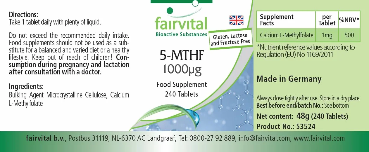 Fairvital | 5-MTHF - 240 tabletek - 1mg na tabletkę - bioaktywny kwas foliowy - płodność i ciąża - sprawdzona jakość i wysoka dawka - 100% wegańskie - wyprodukowano w Niemczech