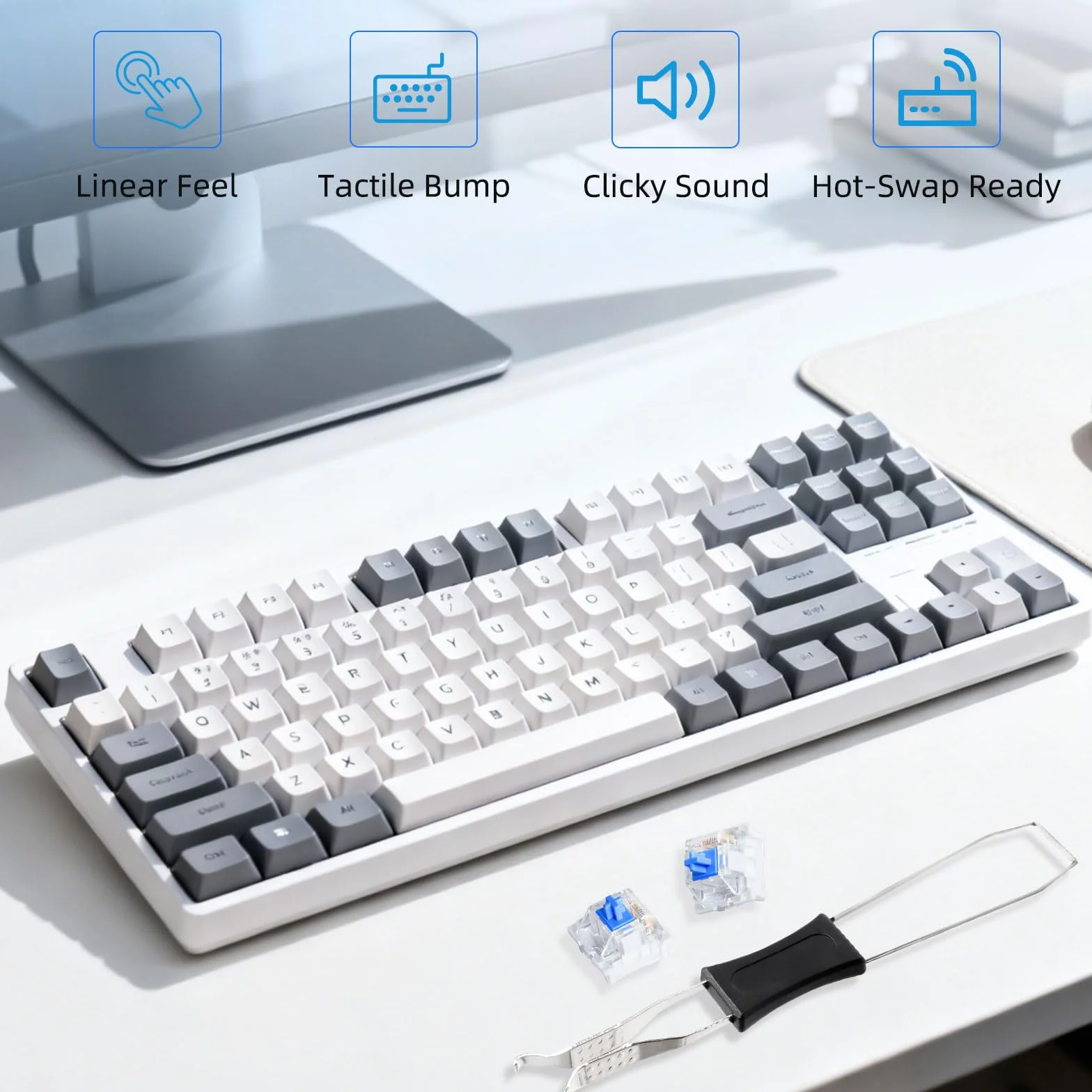20 niebieskich przełączników klawiaturowych, przełączników klawiaturowych z wyciąganiem, 3 piny, zamiennik Blue Switch, przezroczysta obudowa do akcesoriów PC i klawiatur mechanicznych DIY