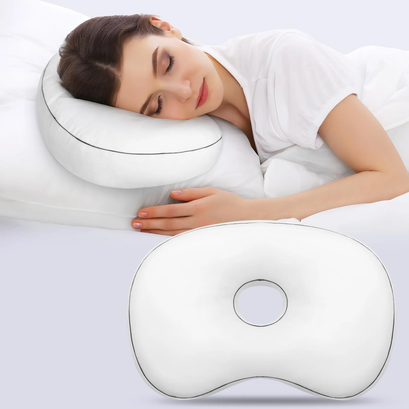 Ergonomiczna poduszka do spania na boku z aksamitu z otworem 9 cm biała