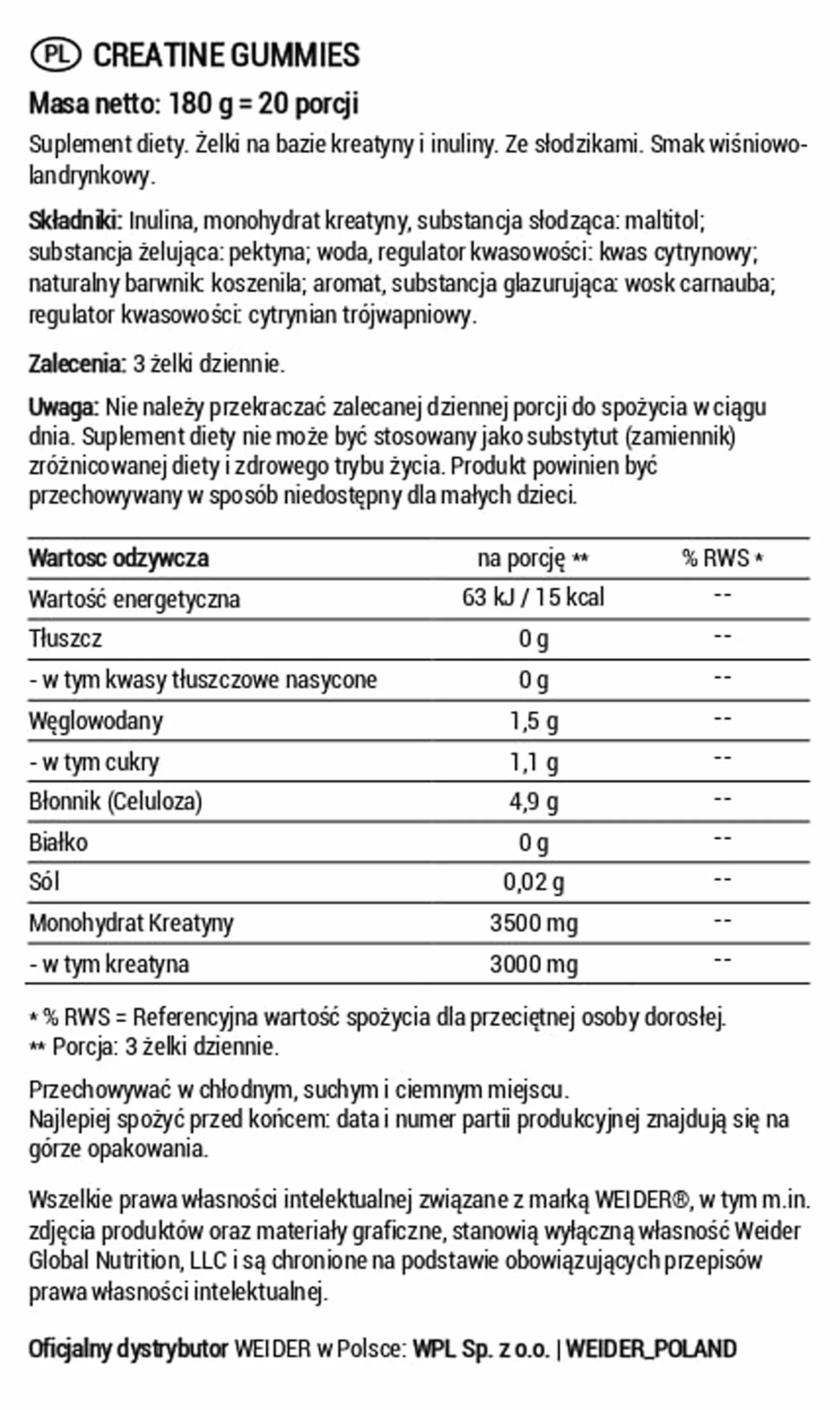 Weider Premium Creatine Gummies (60 żelek) o smaku wiśni, zawierające 3,5 g kreatyny monohydrat 100% Creapure na porcję, wspierają zwiększenie wydolności fizycznej (20 porcji)