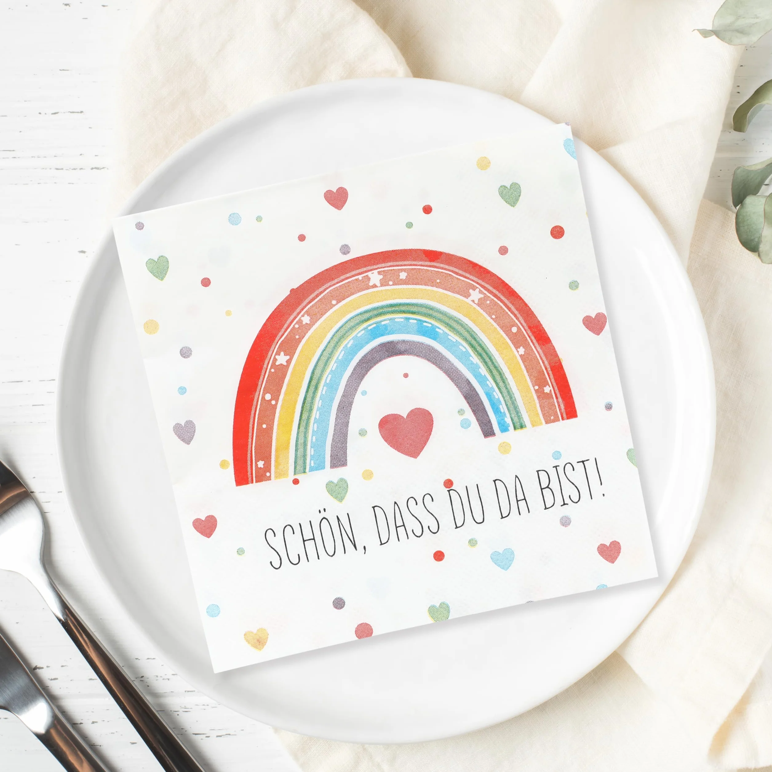 CraftWerk Serwetki tęczowe, zestaw 40 sztuk – dekoracja z sentencją "Schön dass Du da bi", na urodziny dziecka, urodziny lub rozpoczęcie szkoły, 32 x 32 cm