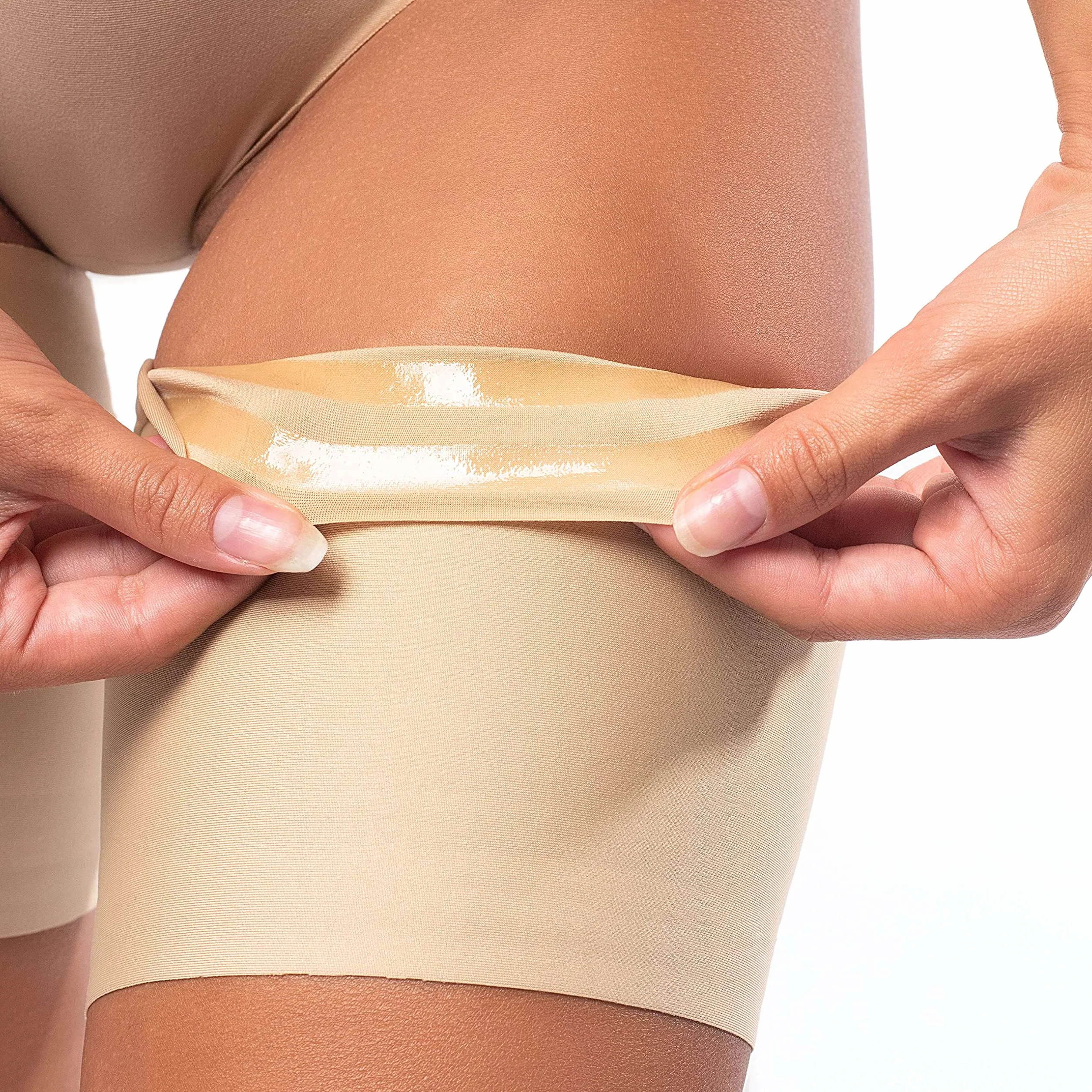 looksy Elastyczne Jasno Beżowe opaski na uda unisex zapobiegające otarciom ochraniacz ud rozciągliwy satynowy materiał antypoślizgowy silikon Natural rozmiar M