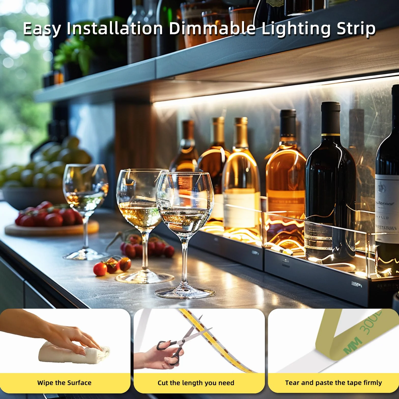 Taśma świetlna LED, 5 V, USB, 2 m, 640 diod LED, dotykowa, bezstopniowa, ściemniana, COB, taśma LED, 6000 K, biała, 13 W, elastyczne światła LED do sypialni, kuchni, do samodzielnego