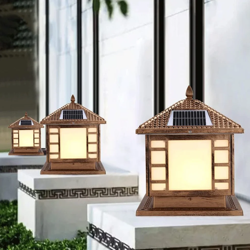 RCIDOS Solarny Wodoodporny Wystrój Aluminiowy Klosz Lampy Na Filarze 1-pakowa Lampa Czołowa Słupkowa W Stylu Europejskim Z Akrylową Oprawą Lampową Vintage Oświetlenie Ogrodowe