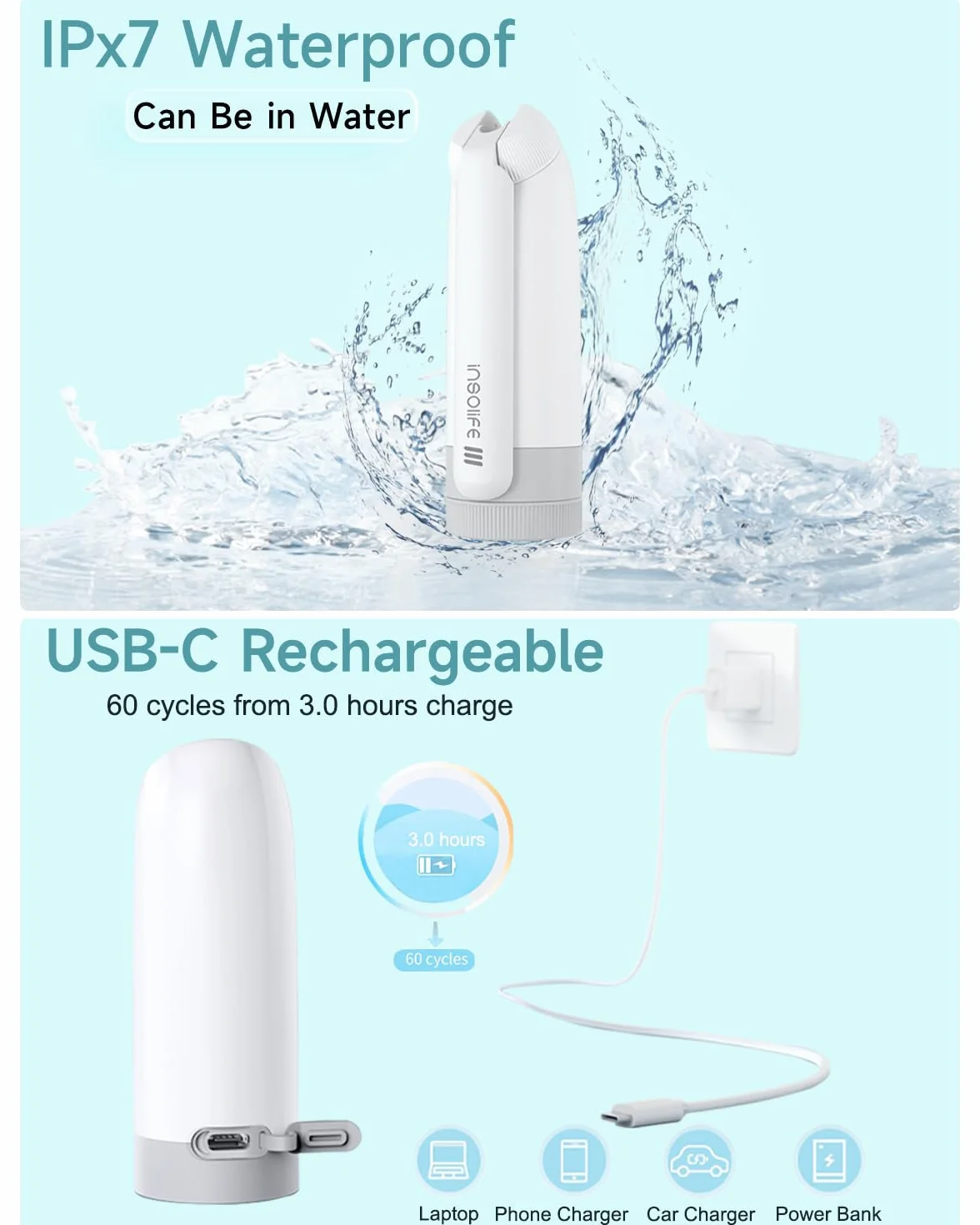 Insolife Przenośny bidet 2. generacji, elektryczny, ładowany, osobisty, podróżny, bidet, dla kobiet, mężczyzn, higieniczne czyszczenie, pielęgnacja poporodowa i niemowlęca, leczenie hemmoroidami,