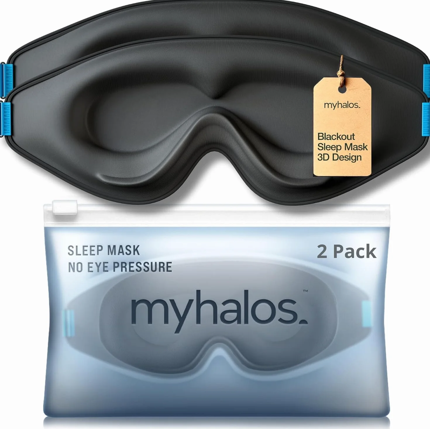 MyHalos Maska do spania – 2 maski na oczy do spania – 100% zaciemniająca maska do spania dla kobiet i mężczyzn, 3D maska do spania bez ucisku, nagradzany design, przyjazna dla rzęs i oddychająca