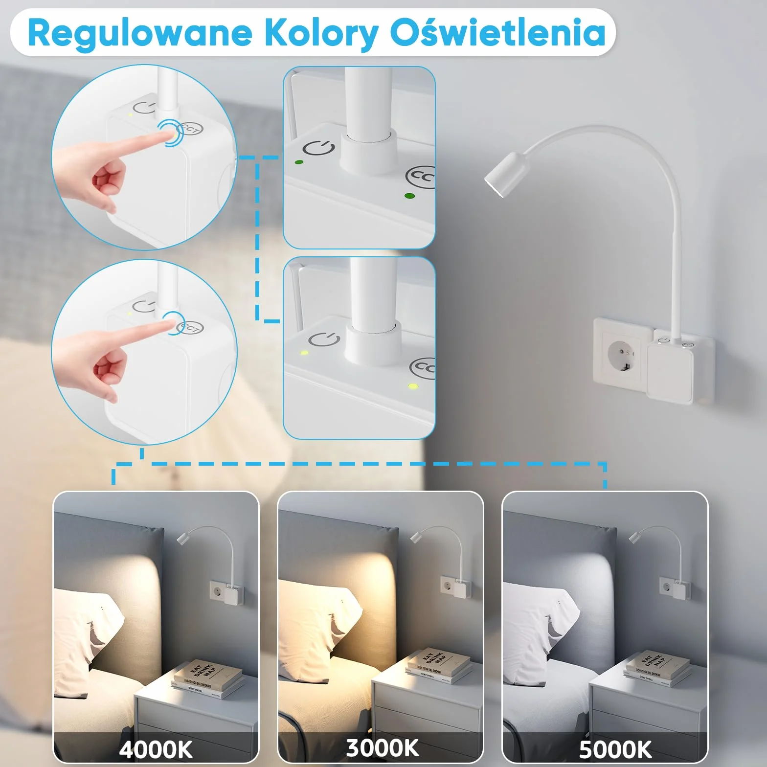 Lampka Nocna do Czytania Na Ścianę LED, Biała Lampa na Wysięgniku Ścienna do Czytania LED z Wtyczką, 3 Tryby Kolorów, Oświetlenie Punktowe 50°, Dwa Przełącznik Dotykowy