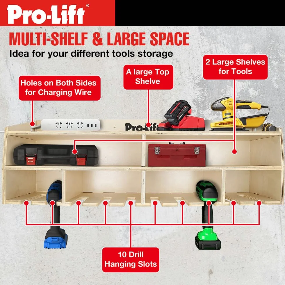 Pro-Lift Organizer na wiertarkę akumulatorową – stojak do przechowywania elektronarzędzi ściennych, 10 przegródek do zawieszenia, drewniany M-005W