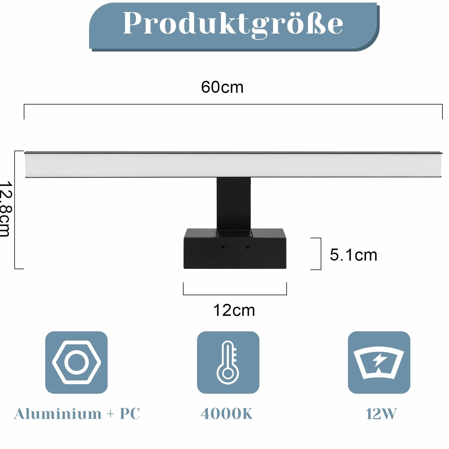 Homefire Lampa nad lustro łazienkowe, 60 cm, czarna, łazienkowa, wodoszczelna, IP44, nowoczesna, neutralna biel, 4000 K, lampa ścienna do piwnicy, kuchni, szafki łazienkowej