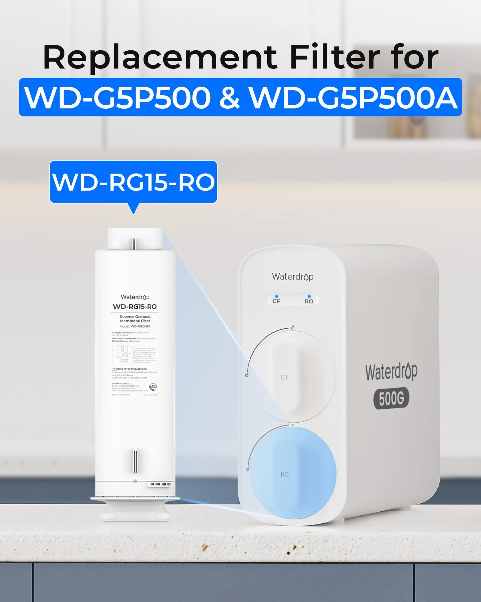Waterdrop Filtr G5P500-RO, zamiennik dla systemu RO G5P500 i G5P500A | 24-miesięczna żywotność, łatwa wymiana filtra, certyfikat NSF/ANSI 58, redukcja TDS, długa żywotność