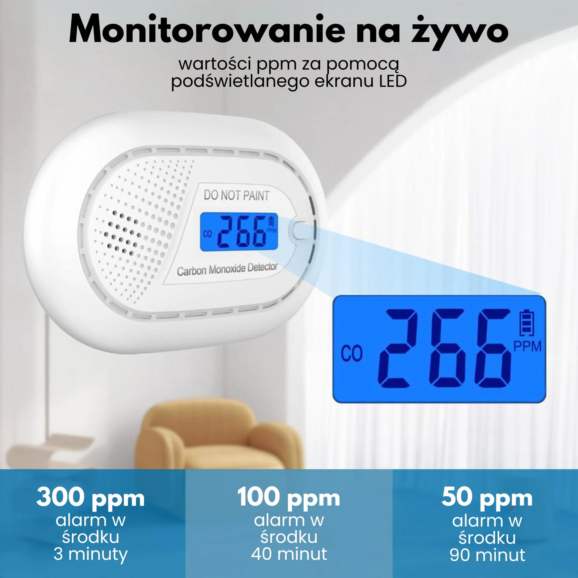 Inteligentny alarm tlenku węgla WiFi z 10-letnią baterią - detektor CO z aplikacją Tuya & Smartlife