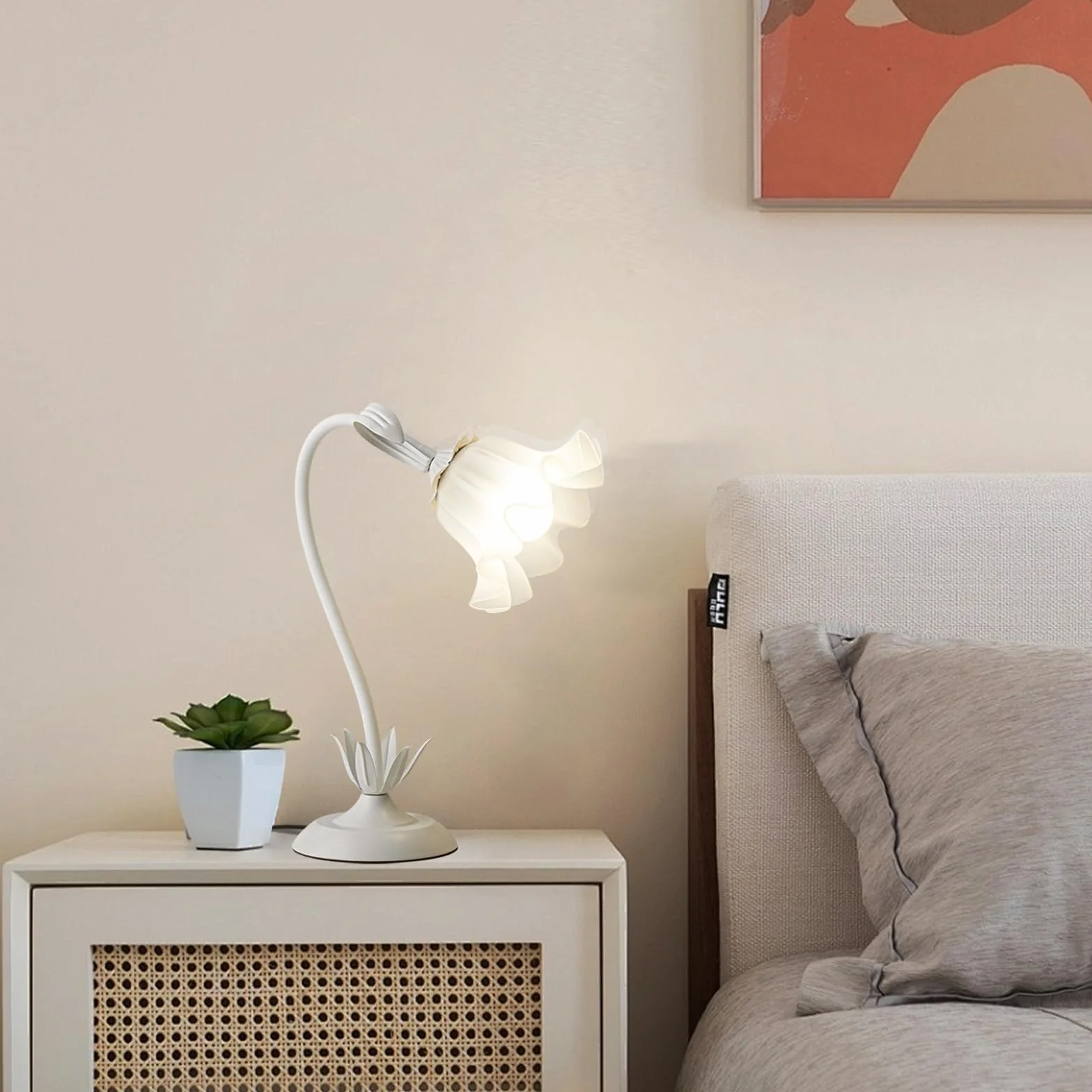 Biała lampa nocna, akrylowa lampa stołowa z kwiatami, metalowa lampka biurkowa dla dziewczynek, abażur z akrylu, wolno obrotowa lampa do sypialni, salonu, z trójkolorowym oświetleniem, 50 cm