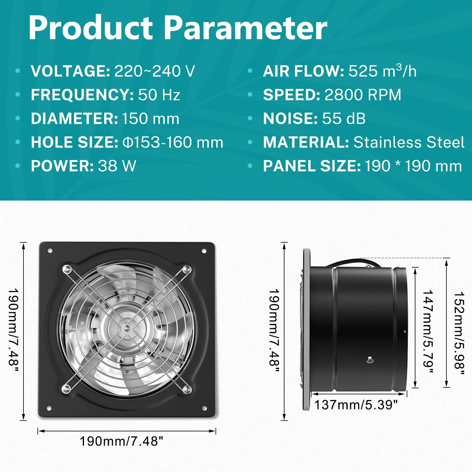 HG Power Wentylator wyciągowy 150 mm 525 m³/h z klapą zwrotną metalowy ścienny czarny