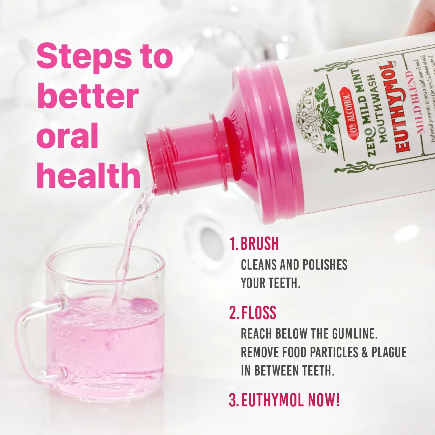 Euthymol Mouthwash Original 500ml, Bez Fluoru, Intensywny Smak, Redukuje Płytkę, Zdrowe Zęby i Dziąsła, Odświeża Oddech, Codzienna Pielęgnacja Jamy Ustnej