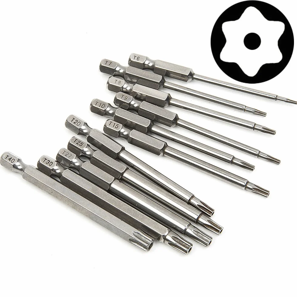 Yakamoz Magnetyczny śrubokręt T6-T40 Torx z łbem walcowym zestaw bitów zabezpieczający przed manipulacją gwiazda 6-punktowy śrubokręt wiertła narzędzia z chwytem sześciokątnym 1/10.2 cm | długość 7 cm