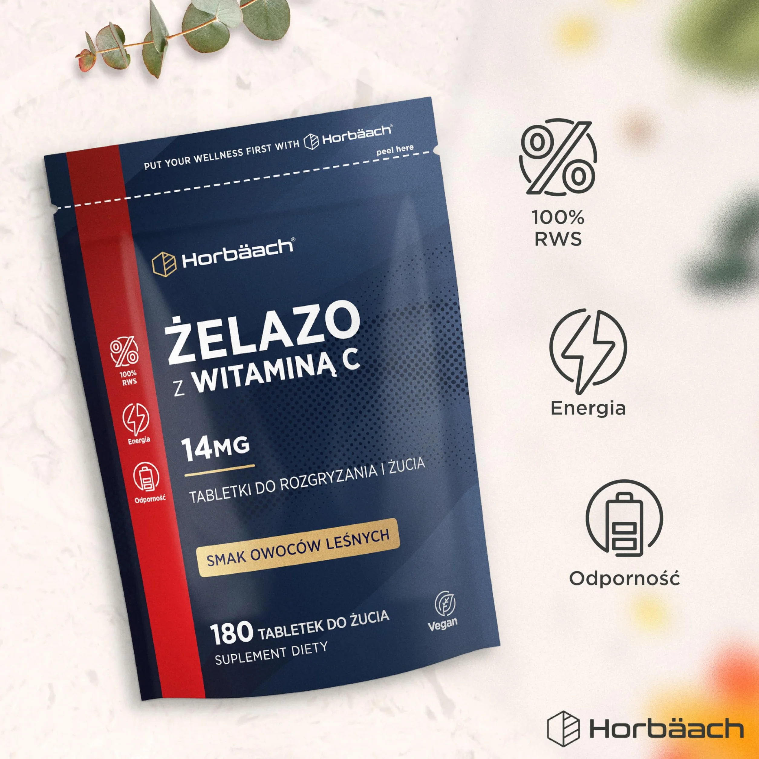 Żelazo Tabletki 14 mg z Witaminą C 80mg | 180 Tabletek Do Rozgryzania i Żucia o Smaku Owoców Leśnych | Zapas na 3 Miesiące | Wegańskie | Suplement Dla Kobiet i Mężczyzn | marki Horbaach