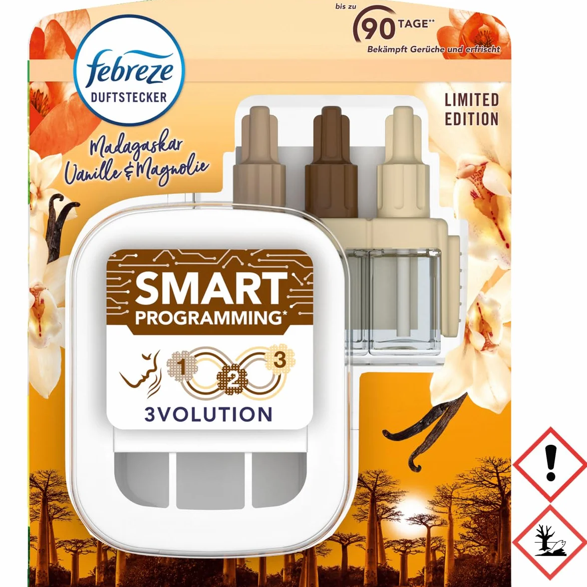Febreze 3Volution wtyczka zapachowa (20 ml) Madagaskar, wanilia i magnolia, zestaw startowy z automatycznym systemem świeżego zapachu, 3 naprzemienne zapachy usuwają zapachy białe