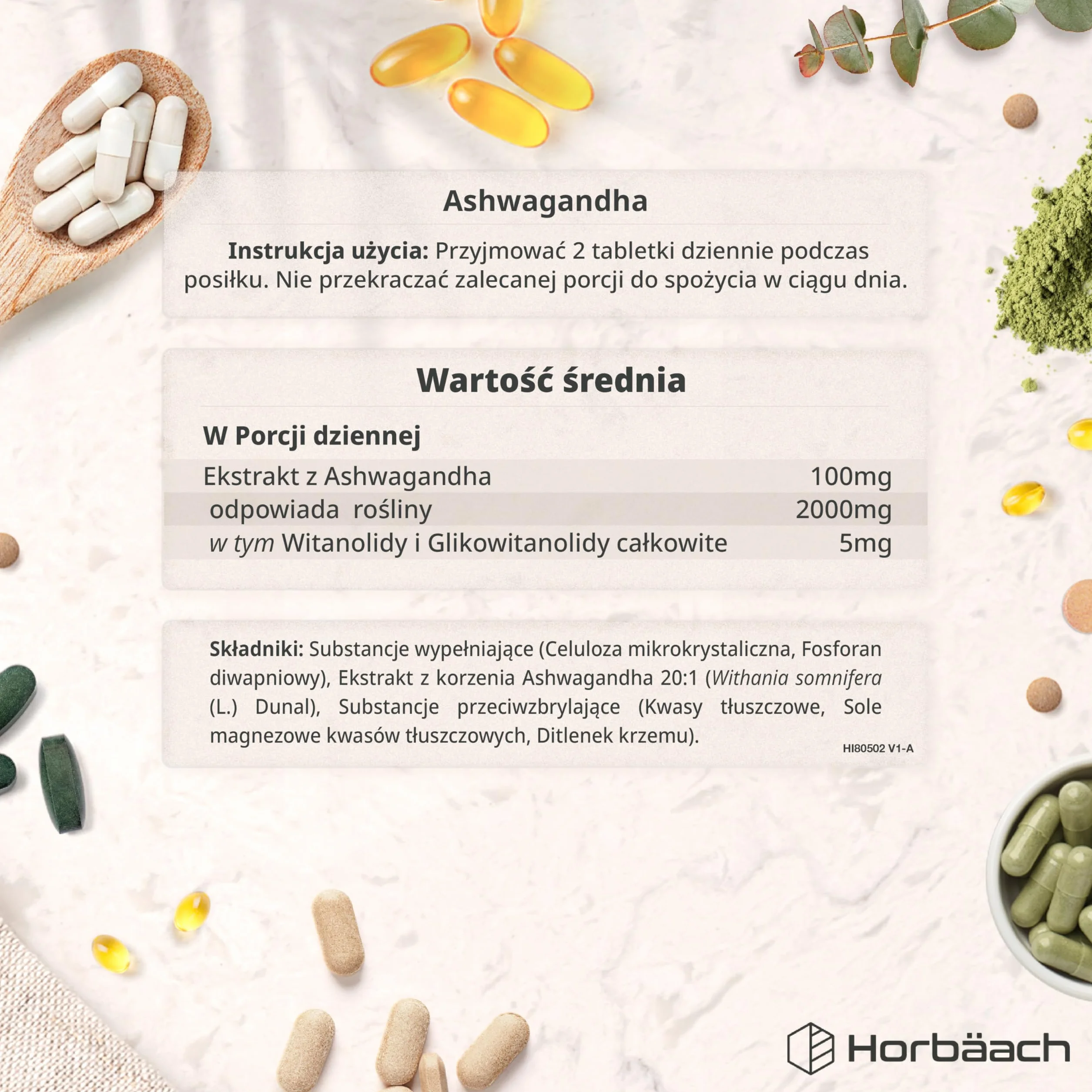 Ashwagandha KSM-66® 1200mg (BIO) | 5% Witanolidów | Organiczny Suplement w Proszku z Korzenia Ashwagandhy | Wysoka moc | 180 Kapsułek Wegańskich | marki Horbaach