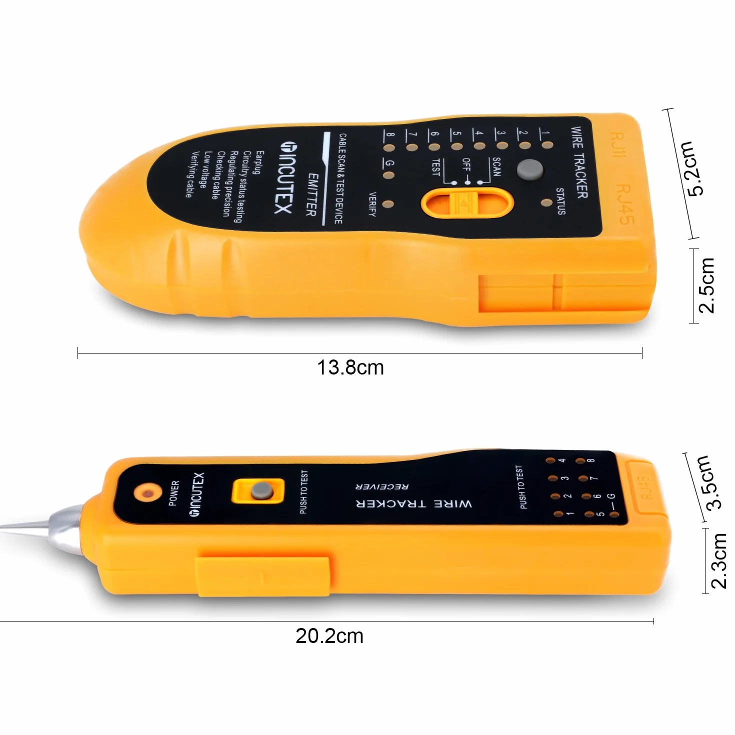 Incutex Tester ciągłości obwodów elektrycznych, LAN RJ45/RJ11, kable telefoniczne Cat5 Cat6 Ethernet, lokalizator kable sieciowe lub zasilające z diodą LED i słuchawkami, baterie w zestawie