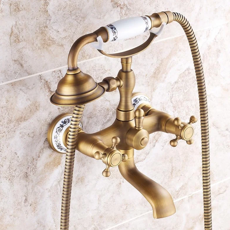 Antyczny ścienny zestaw mieszacza wannowego z głowicą prysznicową - retro podwójna dźwignia baterie łazienkowe uchwyt krzyżowy styl vintage idealny do klasycznych wnętrz