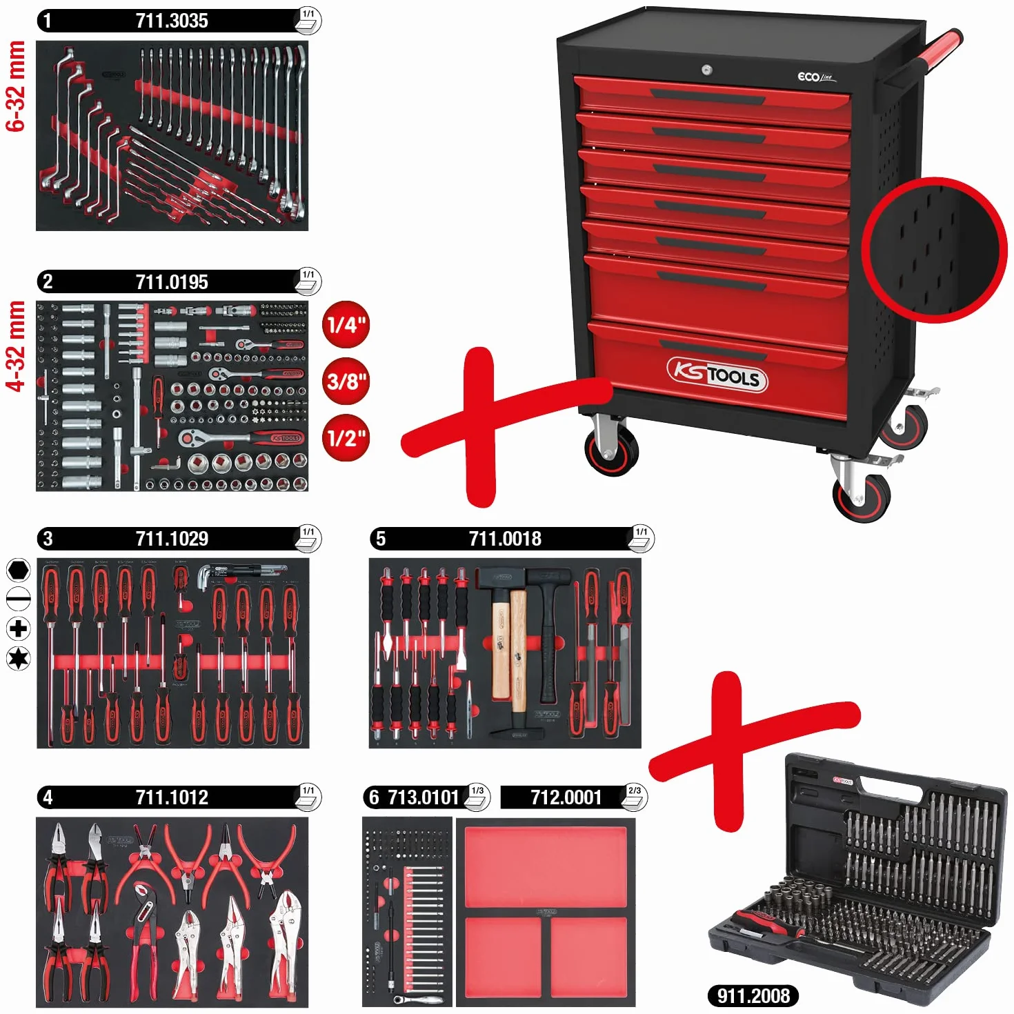 KS Tools 897.7598 ECOline CZARNY/CZERWONY wózek warsztatowy z 7 szufladami i zestawem narzędzi Premium, 598 części