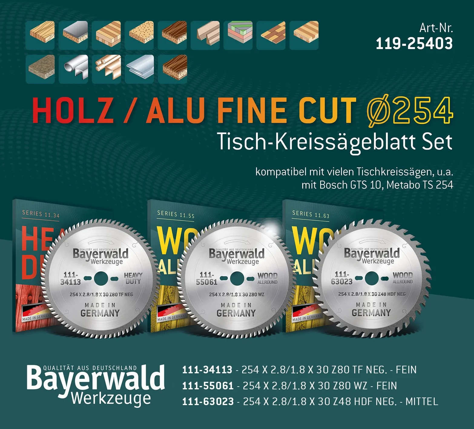 Bayerwald zestaw brzeszczotów do piły tarczowej Ø 254 (3-częściowy) – do aluminium, materiałów drewnopochodnych i tworzyw sztucznych – kompatybilny np. z Bosch GTS – PTS 10 / Metabo TK250 i więcej