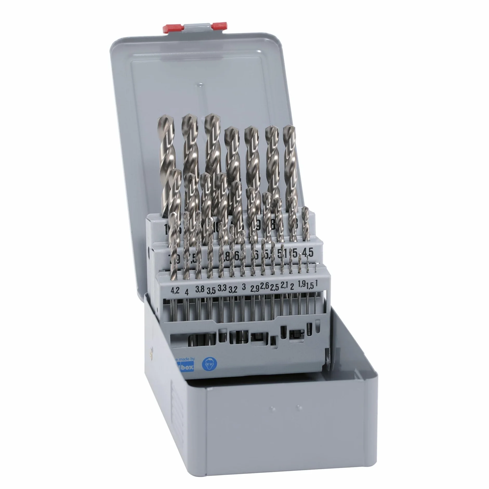 alpen HSS Cobalt wiertło spiralne, krótkie, DIN 338 RN, średnica 1-10 x 0,5 mm, otwór pod rdzeń 1,9-10,2 mm jako 32-częściowy zestaw w metalowej kasetce, 101232100