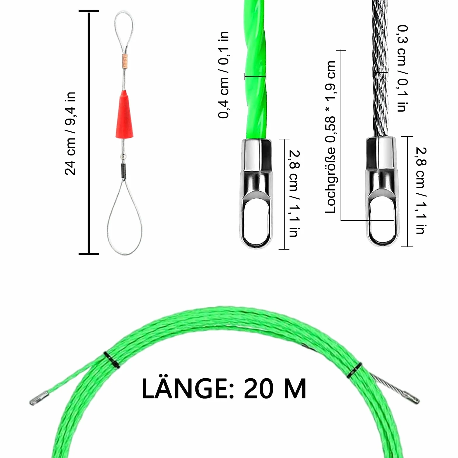 Pomoc do wciągania kabli, spirala naciągowa o długości 20 m, z 2 sprężynami prowadzącymi, taśma do wciągania kabli φ4 mm, pomoc do wciągania kabli w idealnej taśmie do układania kabli