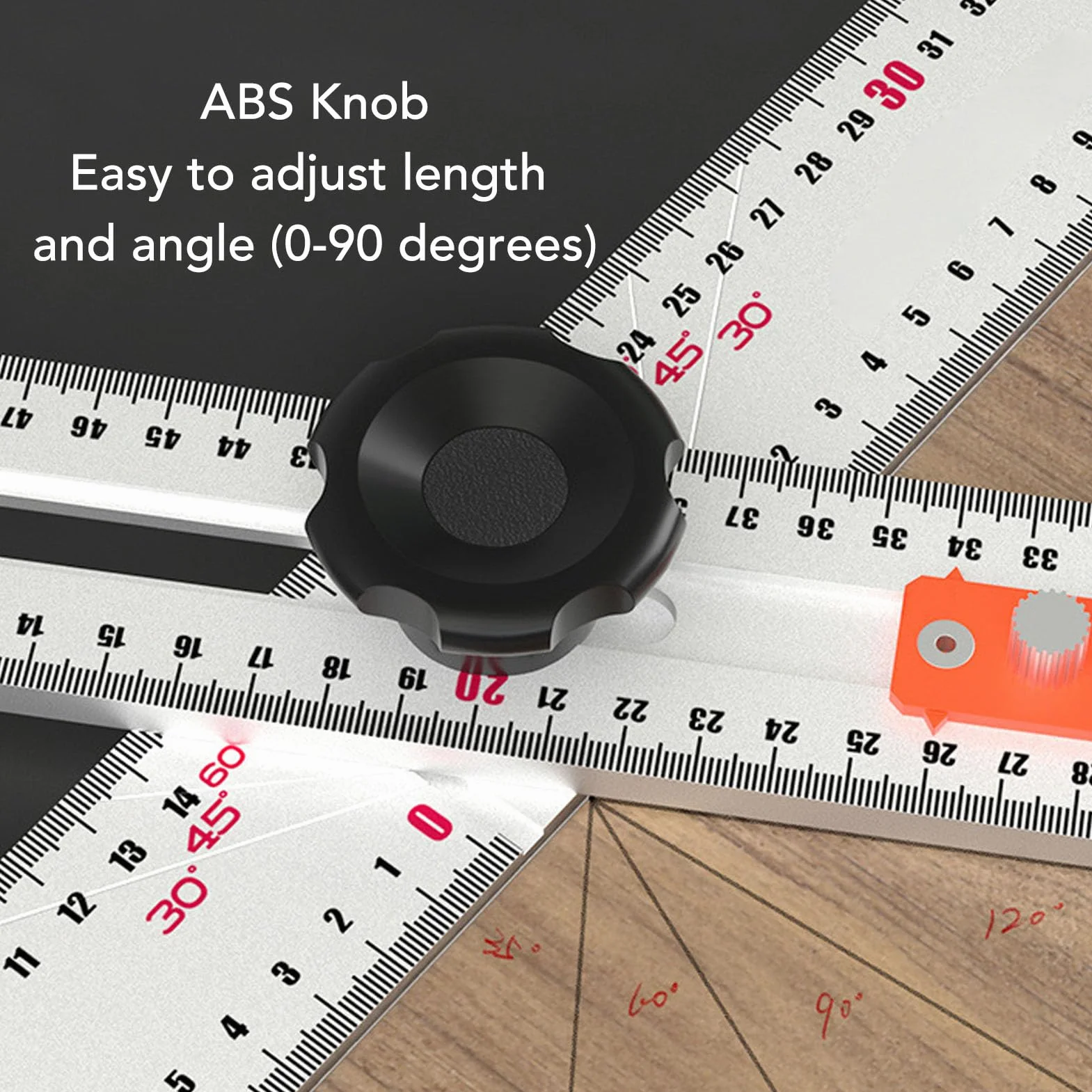Fockety Regulowana linia kątowa do płyt kartonowo-gipsowych, aluminiowa linia kątowa z pokrętłem ABS do regulacji kąta, podwójna skala kierunkowa do wyznaczania i znakowania, 120cm