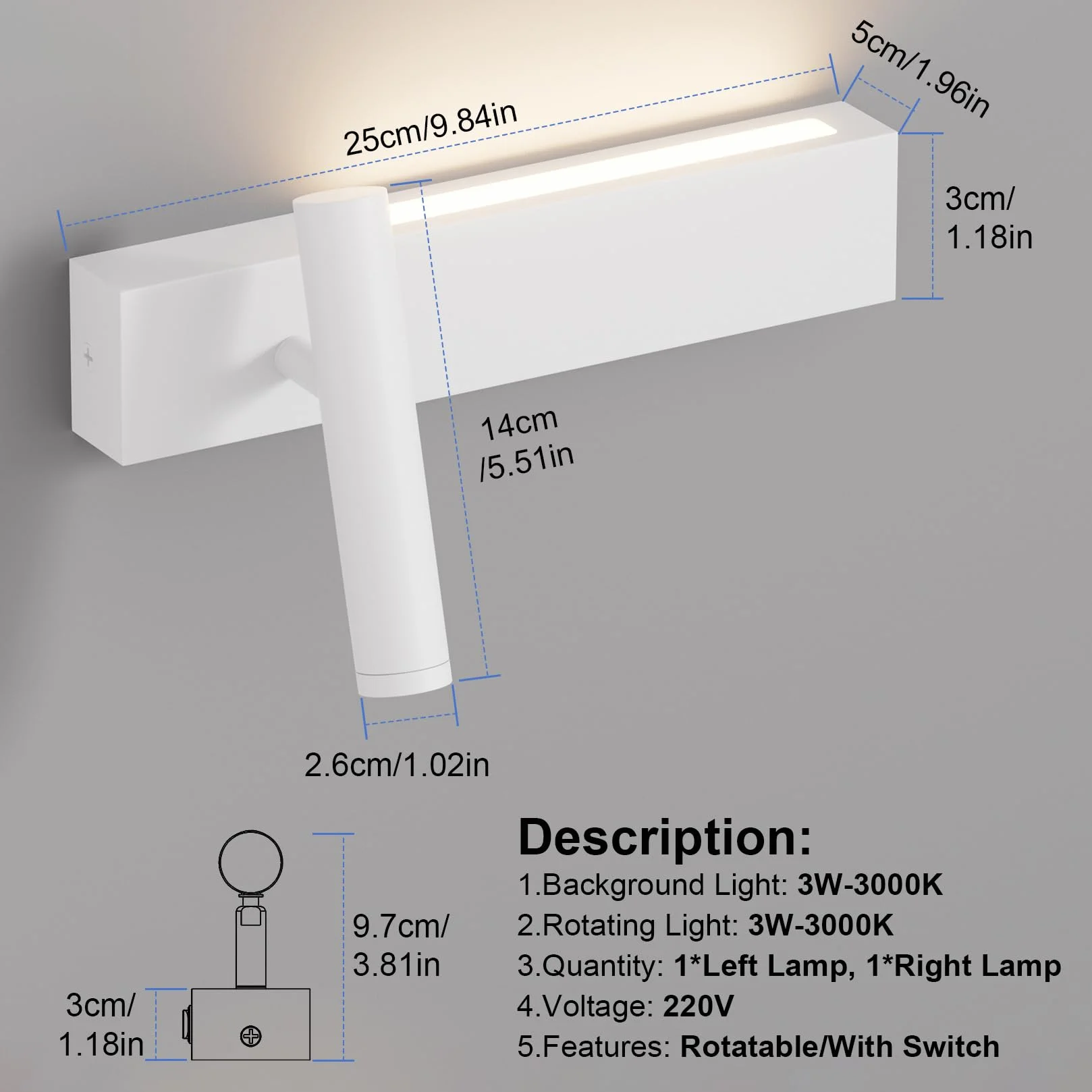 Klighten Lampa ścienna LED 2-punktowa 3W+3W 3000K obracana 330° regulowana 60° aluminium ciepła biel