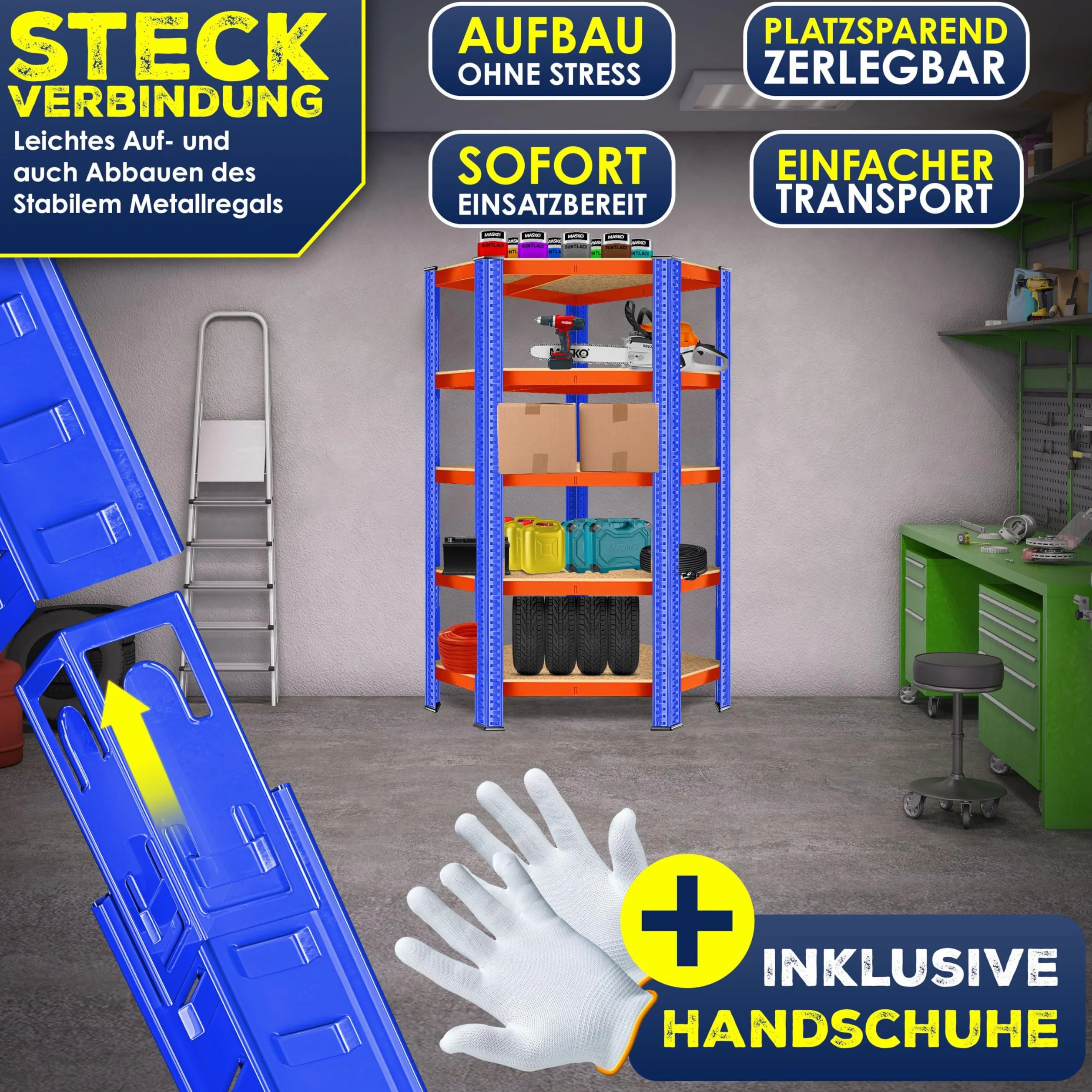 Regał narożny, magazynowy do dużych obciążeń, do piwnicy, 180 x 75 x 40 cm, do 875 kg, 5 regulowanych półek, płyty MDF, regał z metalu, regał wtykowy, regał warsztatowy, piwnica, garaż,